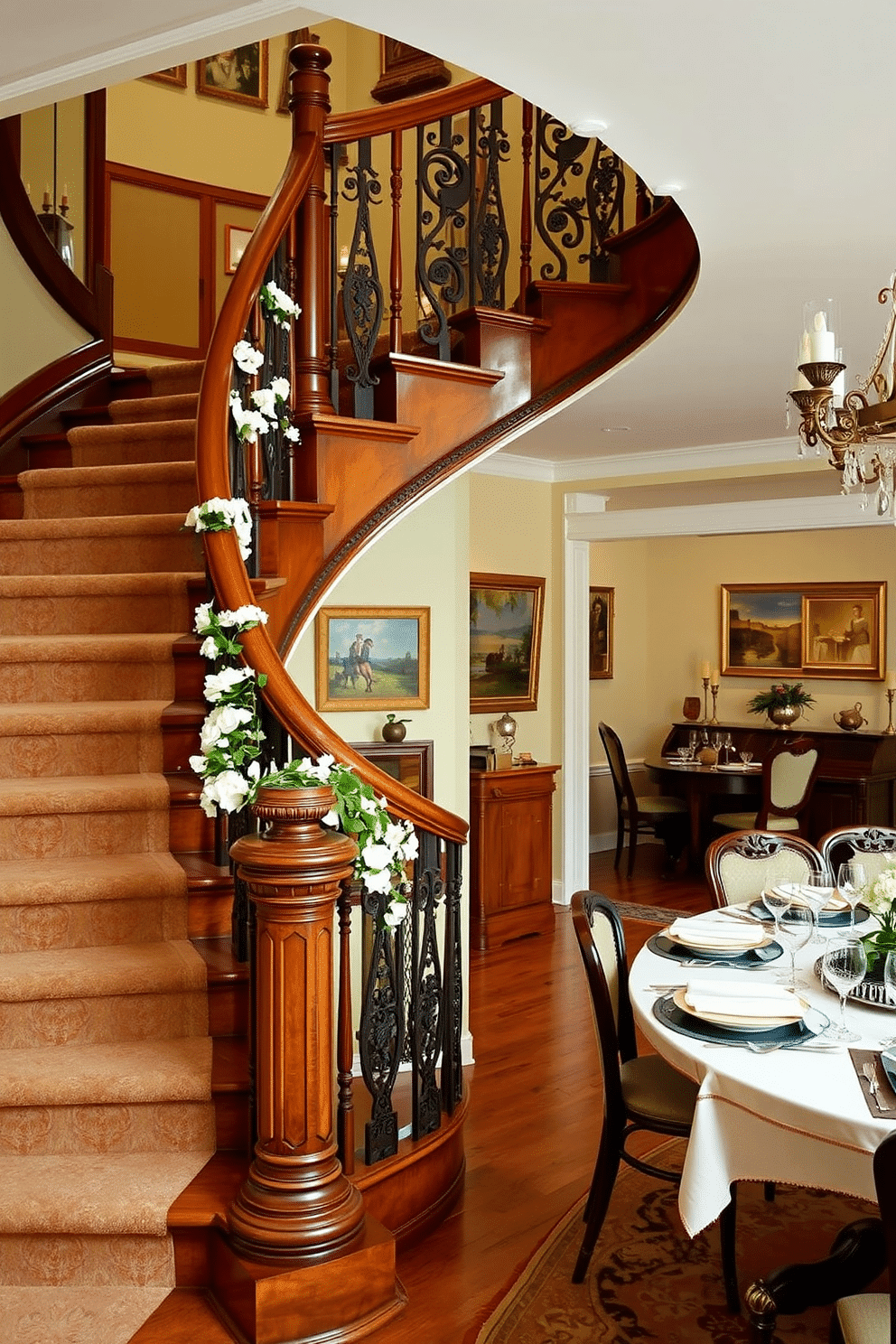 A vintage staircase with intricate antique railings winds gracefully upward, showcasing the craftsmanship of a bygone era. The wood is richly stained, complementing the warm tones of the surrounding dining room, where elegant furnishings and soft lighting create an inviting atmosphere. In the dining room, the staircase serves as a stunning focal point, adorned with delicate floral arrangements on the banister. The walls are decorated with vintage artwork, and a beautifully set dining table enhances the charm of this sophisticated space.