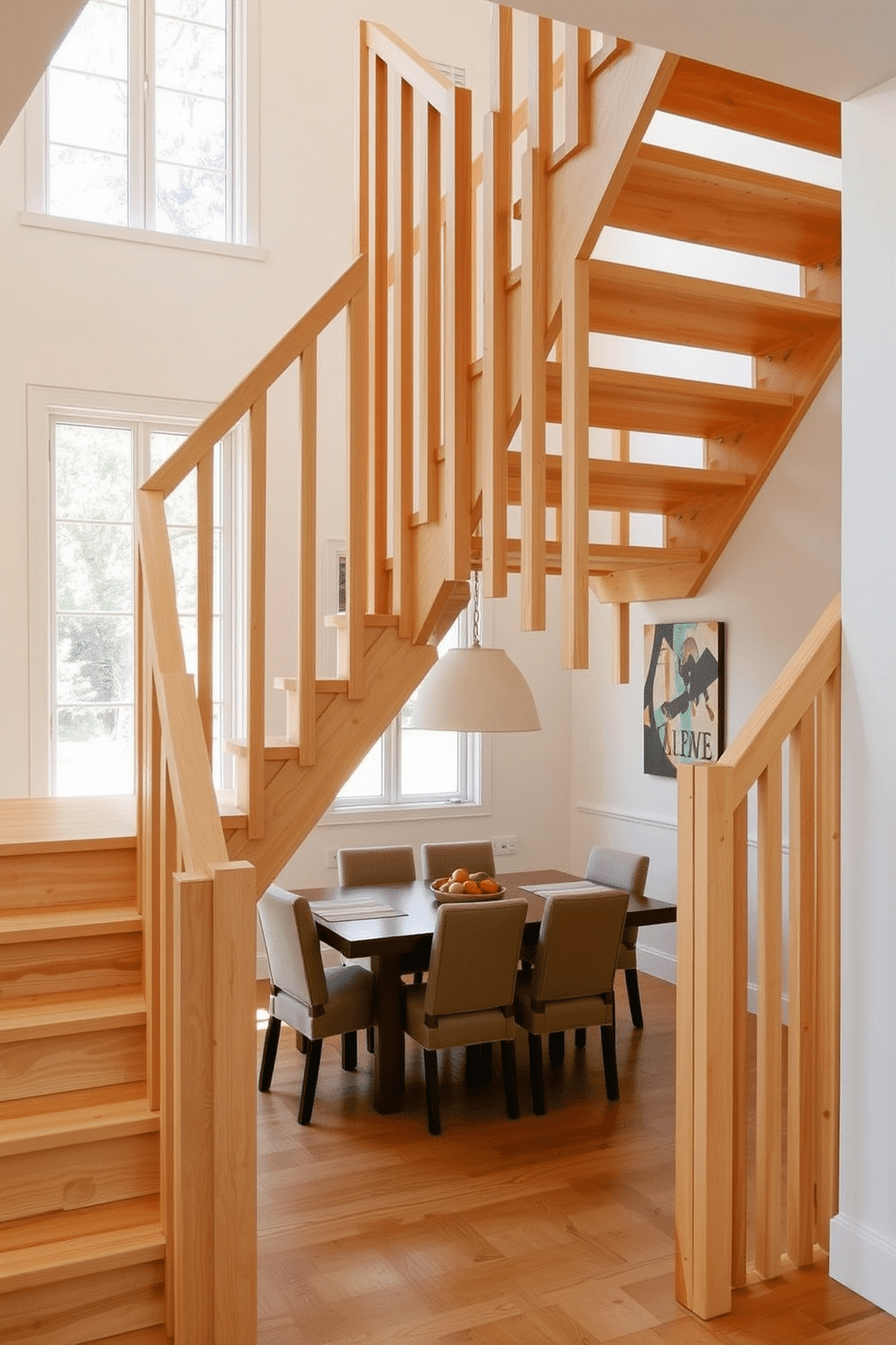 A Scandinavian-style staircase features light wood with clean lines and minimalistic design. The open risers allow natural light to filter through, enhancing the airy feel of the dining room. The staircase is adorned with a simple, elegant handrail that complements the overall aesthetic. Below, a cozy dining area is set with a wooden table surrounded by comfortable, upholstered chairs, creating a warm and inviting atmosphere.