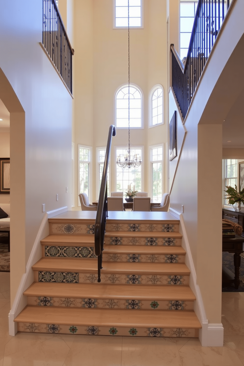 A stunning staircase with decorative tile risers, featuring intricate patterns that add a vibrant touch to the space. The surrounding walls are painted in a soft cream color, enhancing the elegance of the staircase design. In the dining room, an open layout showcases a beautifully crafted wooden dining table surrounded by upholstered chairs. Large windows allow natural light to flood the room, creating a warm and inviting atmosphere.