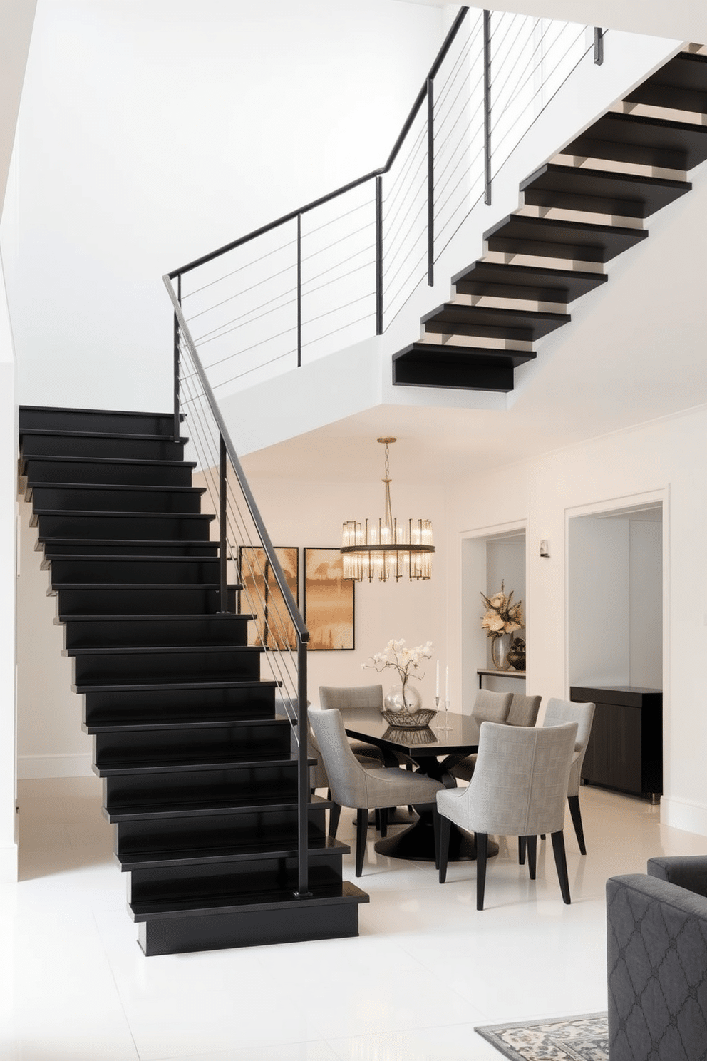 A sleek black staircase ascends gracefully against a backdrop of crisp white walls, creating a striking contrast that enhances the modern aesthetic of the space. The staircase features minimalist metal railings, allowing the bold black steps to become a focal point in the dining room. In the dining room, a contemporary dining table is positioned beneath a stylish chandelier, harmonizing with the staircase's design. Surrounding the table are elegant chairs upholstered in soft gray fabric, adding warmth to the room while complementing the overall color scheme.