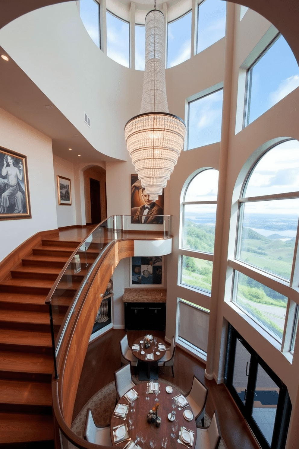 A grand staircase elegantly curves down into a spacious dining area, featuring a stunning chandelier that casts a warm glow over the table below. The walls are adorned with tasteful artwork, and large windows frame a picturesque view, allowing natural light to flood the space. The staircase is crafted from rich hardwood, with a sleek glass railing that enhances the modern aesthetic. Below, the dining table is set with exquisite dinnerware, surrounded by plush chairs that invite guests to linger and enjoy the ambiance.