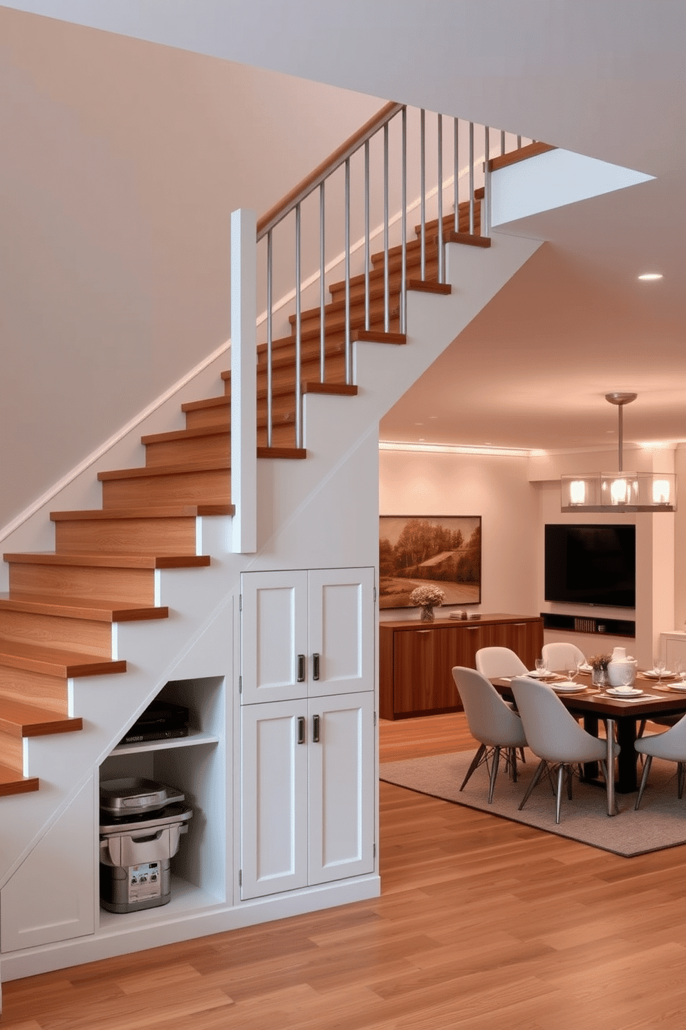 A stylish staircase features a hidden storage solution seamlessly integrated into its design. The wooden steps are complemented by a sleek railing, and beneath the staircase, built-in cabinets provide ample storage while maintaining an elegant aesthetic. In the dining room, the staircase acts as a focal point, connecting the two levels of the home. Surrounding the staircase, the dining area is adorned with a modern table set, stylish chairs, and ambient lighting that enhances the overall atmosphere.