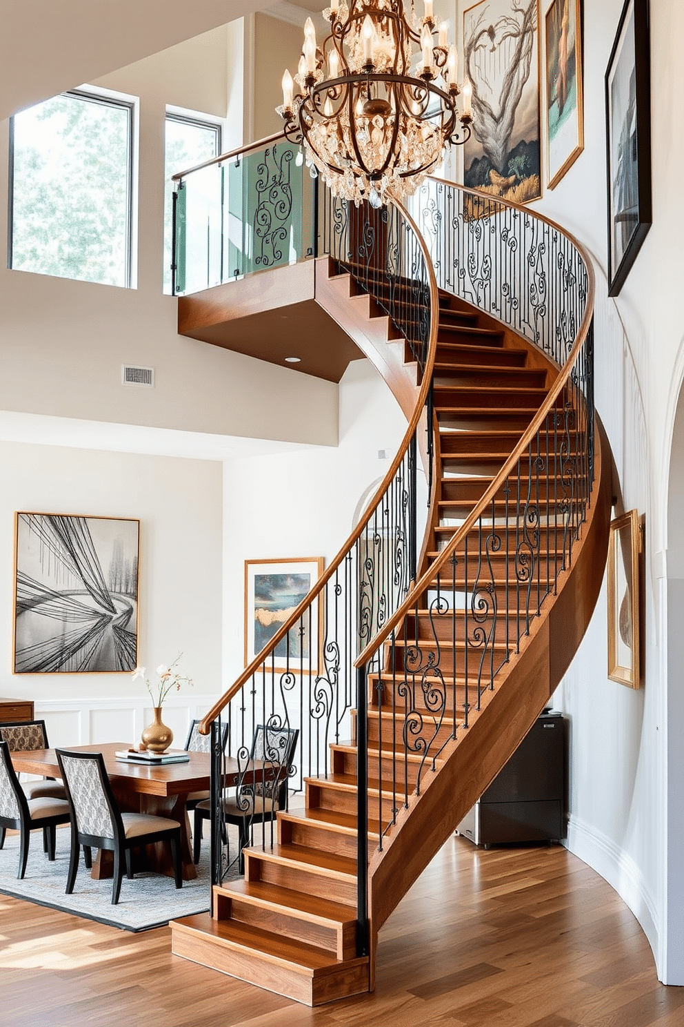 Artistic staircase with custom design elements. The staircase features a sleek, floating design with glass balustrades, allowing natural light to cascade through the space. The stairs are crafted from rich walnut wood, complemented by intricate metal railings that add an artistic flair. Surrounding the staircase, the walls are adorned with contemporary artwork, enhancing the overall aesthetic of the room. Staircase in Dining Room Design Ideas. This dining room showcases a grand staircase that curves elegantly, creating a focal point in the space. The staircase is finished in a light oak, harmonizing with the dining table's rustic charm, while a stunning chandelier hangs above, illuminating the area below.