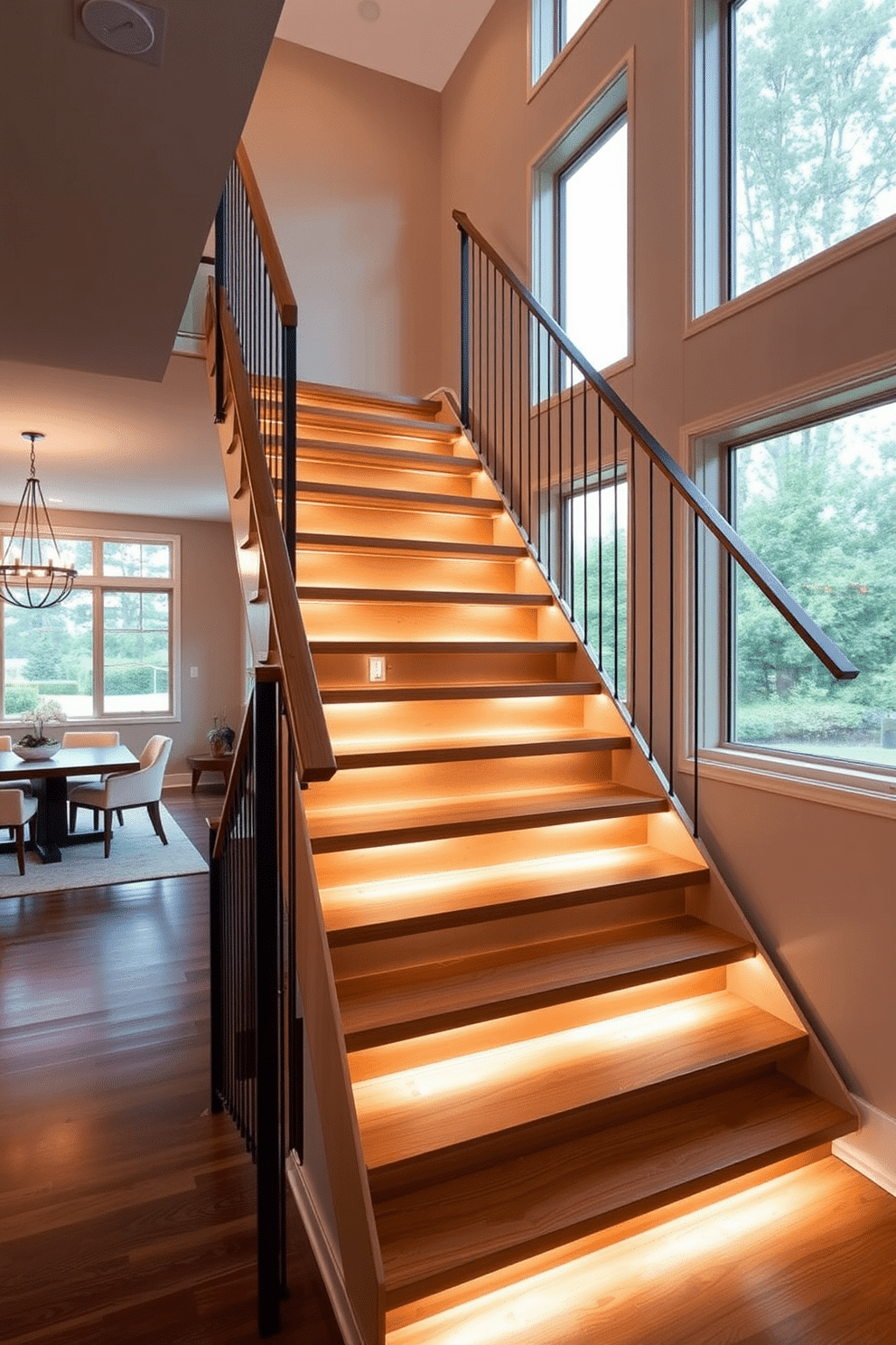 An open riser staircase elegantly ascends to the upper level, featuring sleek wooden treads and a minimalist metal railing. Soft underlighting illuminates the steps, creating a warm ambiance that enhances the overall design of the dining room. The staircase is positioned adjacent to the dining area, seamlessly integrating functionality and style. Large windows allow natural light to flood the space, highlighting the staircase's modern aesthetic while maintaining an inviting atmosphere.