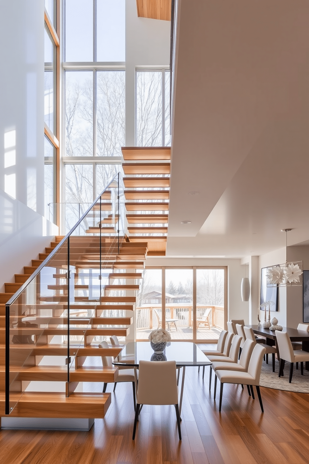 A stunning staircase design featuring a panoramic window that floods the space with natural light. The wooden steps are complemented by a sleek glass railing, creating an airy and modern feel. In the dining room, the staircase serves as a focal point, elegantly connecting the two levels of the home. Surrounding the staircase, a contemporary dining table is set with stylish chairs, enhancing the overall ambiance of sophistication and warmth.