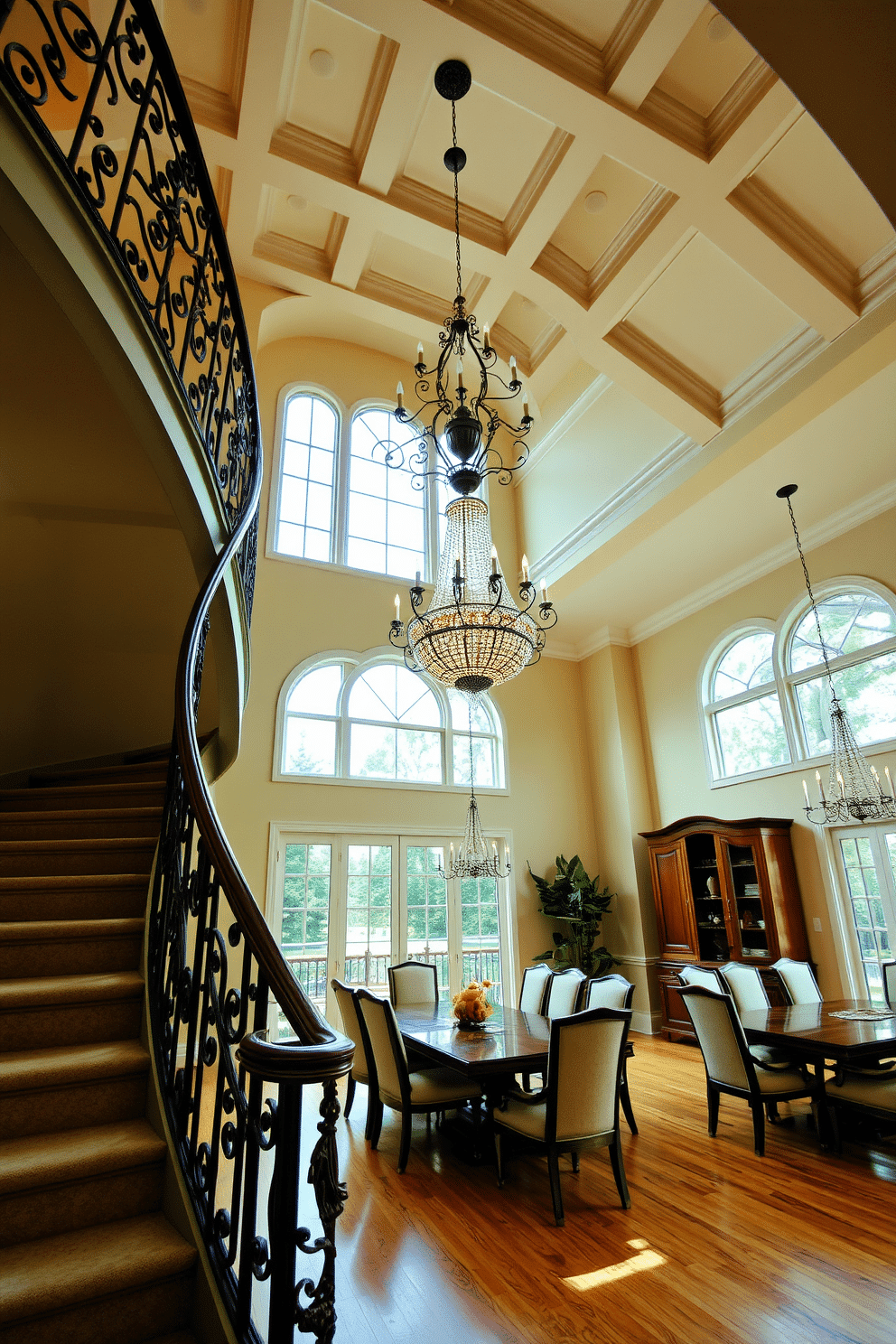 A stunning curved staircase gracefully ascends, featuring intricate wrought iron details that add elegance and sophistication. The staircase is illuminated by a beautiful chandelier that hangs from a coffered ceiling, creating a dramatic focal point in the dining room. The dining room is adorned with a large, polished wooden table surrounded by upholstered chairs, inviting warmth and comfort. Large windows allow natural light to flood the space, highlighting the rich textures and colors of the decor.