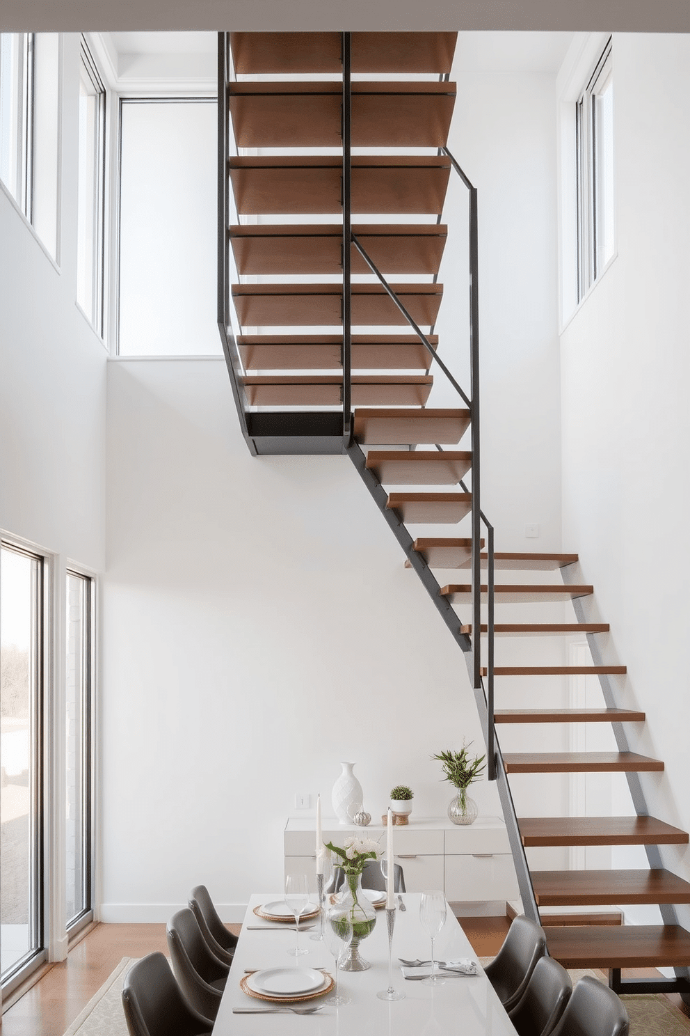 A minimalist staircase with a sleek metal frame ascends gracefully, featuring open treads that create an airy feel. The surrounding walls are painted in a soft white, enhancing the light that floods in from large windows nearby. In the dining room, the staircase serves as a striking architectural feature, seamlessly blending functionality with modern design. Below, a contemporary dining table is set with elegant tableware, complementing the clean lines of the staircase above.