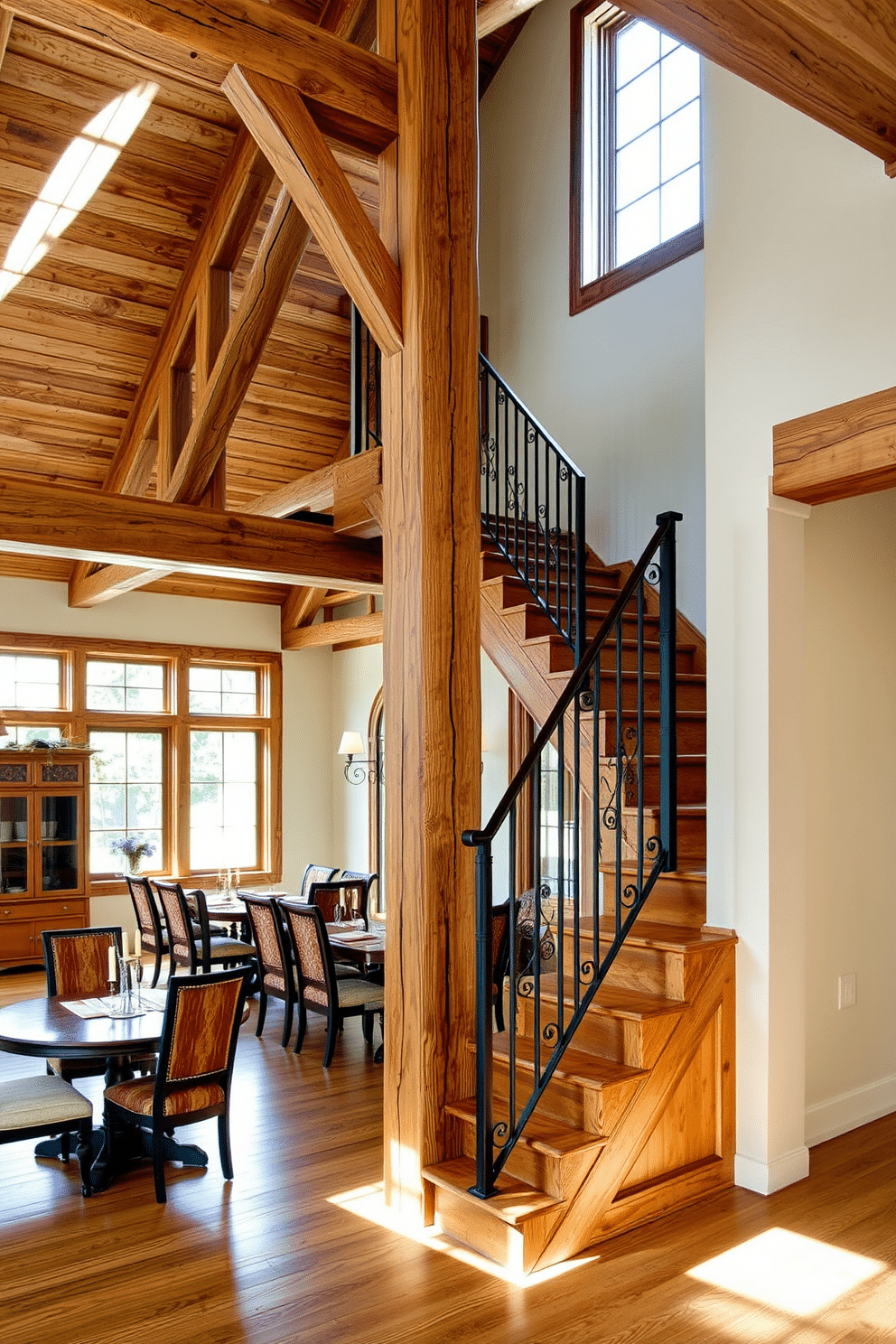 A rustic wooden staircase features exposed beams that create a warm and inviting atmosphere. The rich textures of the wood contrast beautifully with the soft, neutral tones of the surrounding dining room. The staircase is adorned with a wrought iron railing, adding an elegant touch to the rustic design. Natural light floods the space through large windows, highlighting the craftsmanship of the staircase and enhancing the overall ambiance of the dining area.