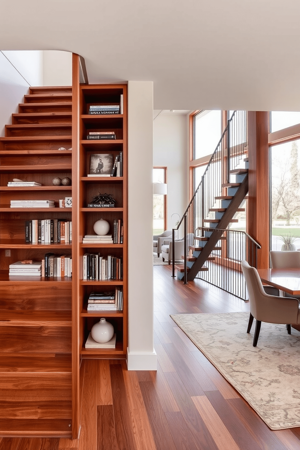 A modern staircase with integrated shelving features sleek, open risers crafted from rich hardwood, creating a sense of airiness and elegance. The shelving is seamlessly built into the wall alongside the staircase, showcasing a curated collection of books and decorative items that enhance the overall aesthetic. In the dining room, the staircase serves as a striking focal point, harmonizing with contemporary furnishings and a neutral color palette. Large windows flood the space with natural light, illuminating the staircase and highlighting the unique design elements throughout the room.