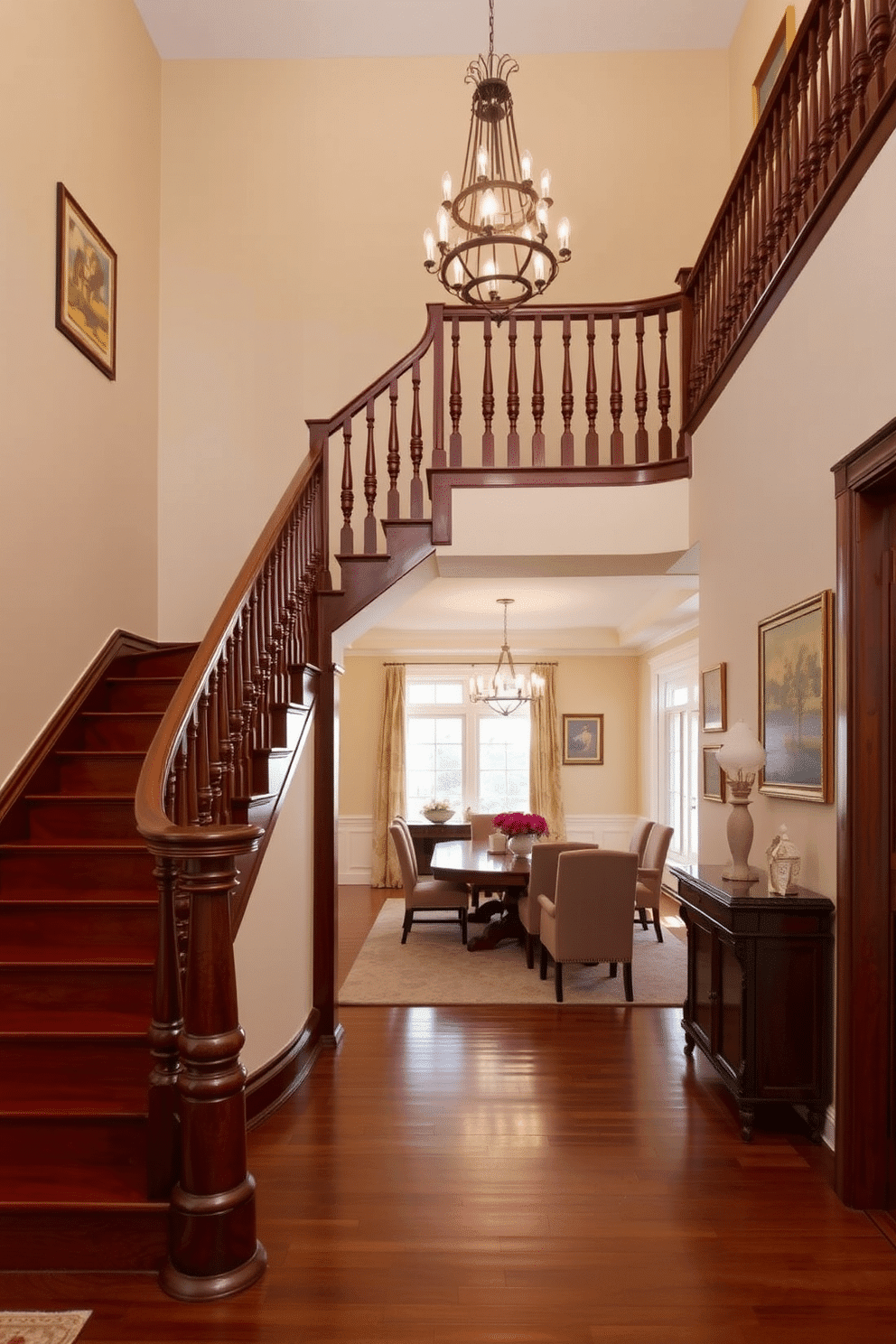 An elegant L-shaped staircase features intricate decorative balusters that add a touch of sophistication to the space. The staircase is finished in a rich mahogany wood, complementing the warm tones of the dining room below. In the dining room, a stylish chandelier hangs above a large, polished dining table surrounded by upholstered chairs. The walls are adorned with tasteful artwork, and a plush area rug anchors the space, enhancing the overall inviting atmosphere.