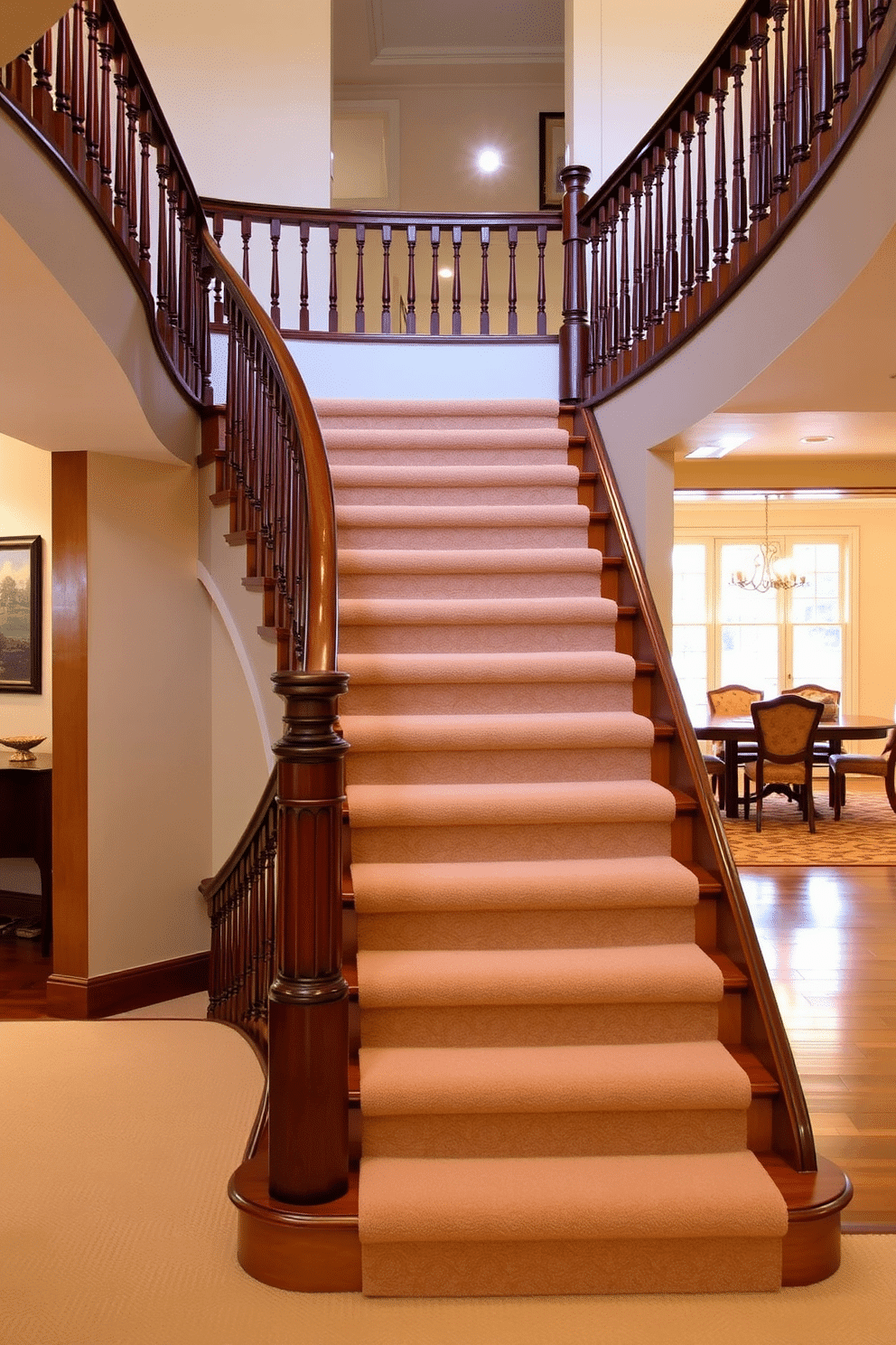 A classic staircase features a plush carpet runner that stretches elegantly from the top to the bottom, adding warmth and texture to the space. The staircase is framed by polished wooden balusters and a rich mahogany handrail, enhancing the timeless appeal of the design. In the dining room, the staircase serves as a stunning focal point, seamlessly integrating with the overall decor. Soft lighting illuminates the area, highlighting the intricate details of the staircase while creating an inviting atmosphere for gatherings.