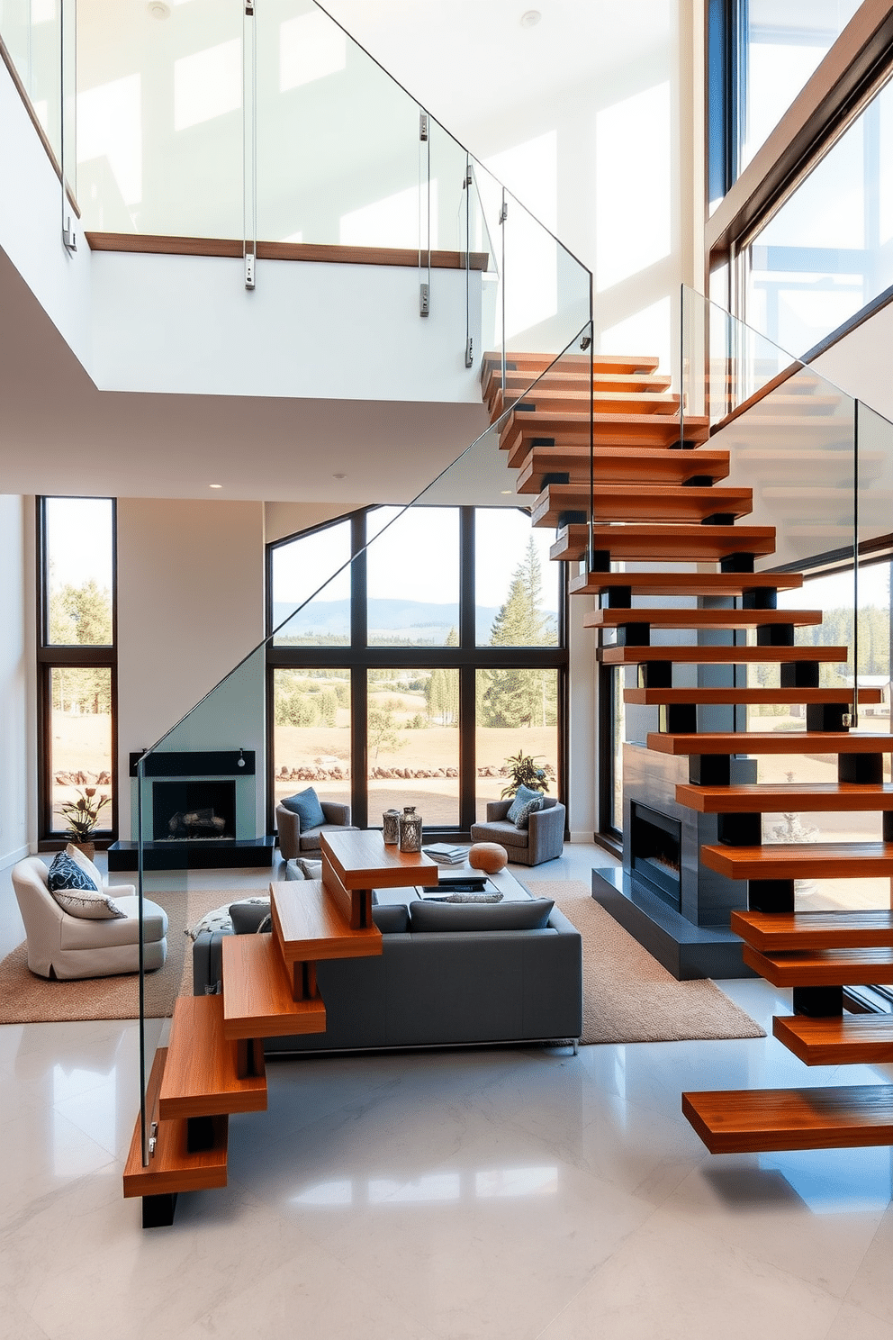 A stunning floating staircase gracefully ascends with a sleek glass railing that enhances the open feel of the family room. The warm wooden treads contrast beautifully with the minimalist design, creating a focal point that invites natural light to flow through the space. In the family room, plush seating arrangements are positioned to encourage conversation, while a contemporary fireplace adds warmth and ambiance. Large windows frame the view, allowing for a seamless connection between indoor comfort and the outdoor landscape.