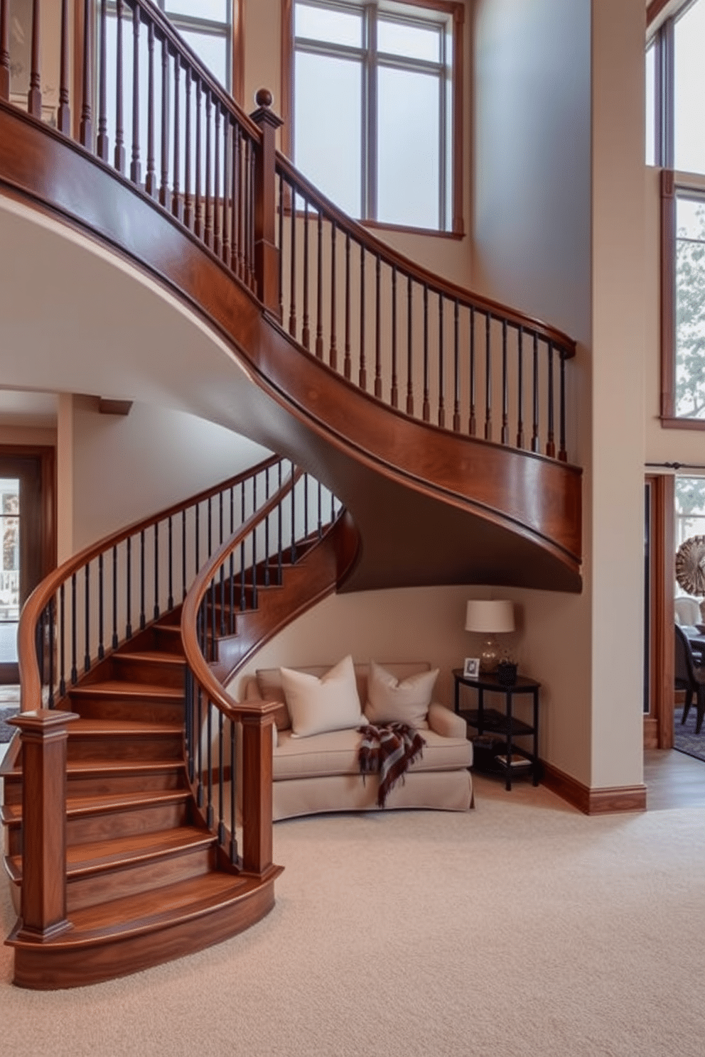 An elegant L-shaped staircase winds gracefully through the family room, featuring a rich wooden bannister and soft, ambient lighting that highlights its curves. Nestled at the base of the staircase is a cozy seating area, adorned with plush cushions and a stylish throw, creating an inviting nook for relaxation and conversation. The walls are painted in a warm neutral tone, complementing the natural wood of the staircase and the surrounding decor. Large windows allow natural light to flood the space, enhancing the open feel of the family room and showcasing the tasteful blend of modern and traditional design elements.