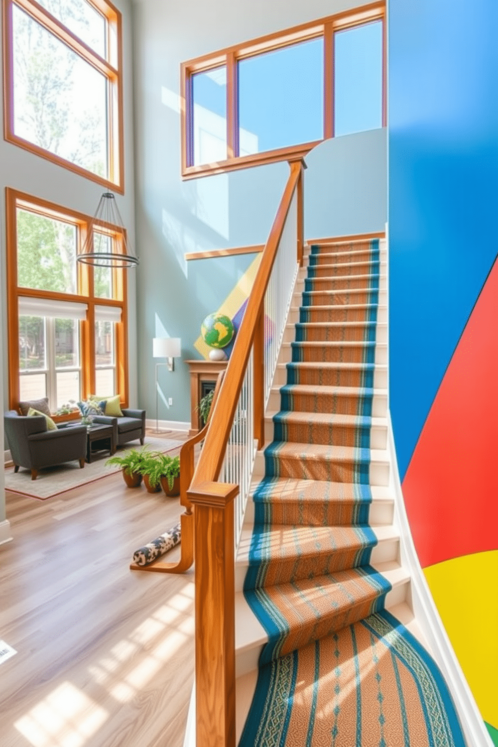 A stunning staircase design featuring a colorful accent wall that adds a vibrant touch to the space. The staircase is adorned with sleek wooden handrails and a modern runner that complements the hues of the accent wall. In the family room, the staircase serves as a focal point, seamlessly integrating with the overall design. Large windows allow natural light to cascade down, highlighting the playful colors and textures throughout the area.