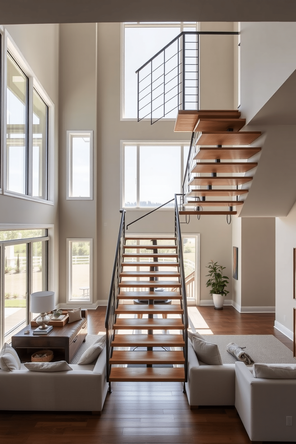 A stunning open riser staircase elegantly connects the two levels of the family room, allowing natural light to flow freely through the space. The staircase features sleek wooden treads and a minimalist metal railing, enhancing the airy ambiance of the room. In the family room, plush seating arrangements are positioned to face the staircase, creating a welcoming atmosphere for gatherings. Large windows frame the space, highlighting the staircase as a focal point while providing views of the surrounding landscape.