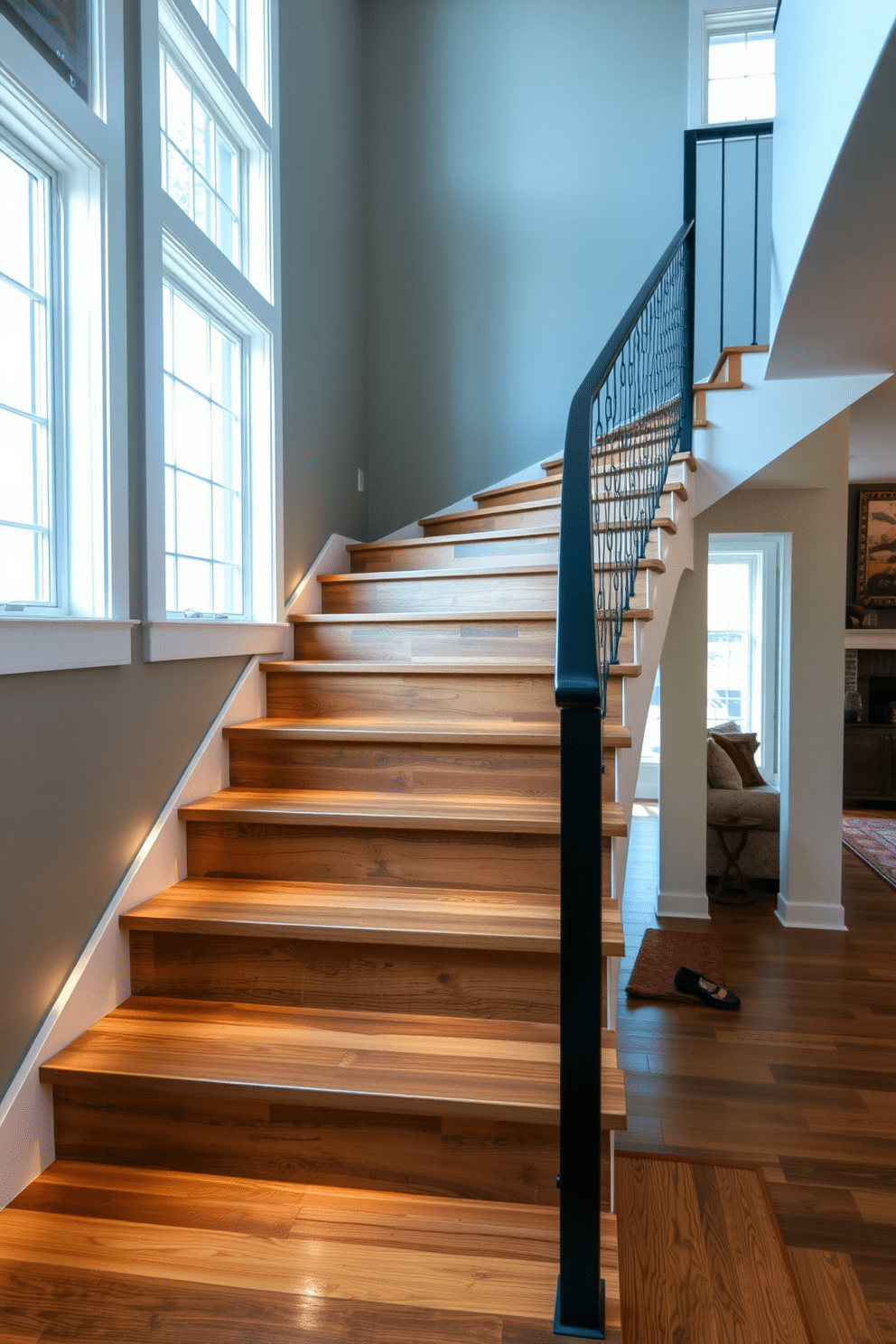 A stunning staircase featuring reclaimed wood steps that seamlessly blends rustic charm with modern elegance. The steps are illuminated by soft, recessed lighting, highlighting their natural texture and warmth. The staircase is framed by a stylish metal railing, adding a contemporary touch to the family room. Large windows beside the staircase allow natural light to flood the space, enhancing the inviting atmosphere.