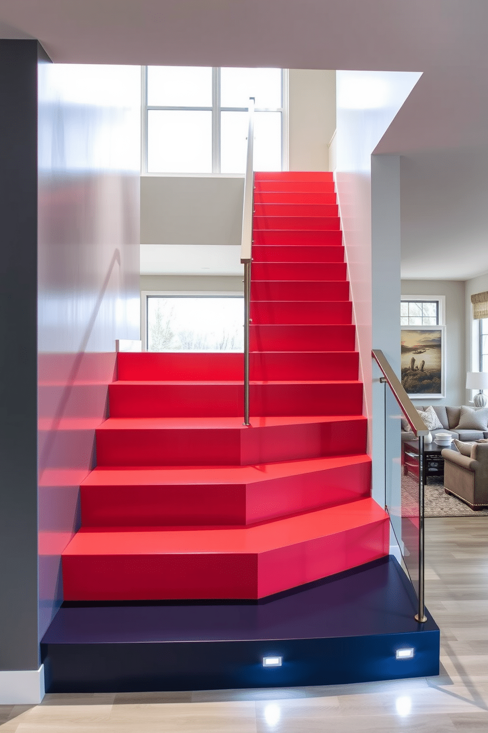 A contemporary staircase with a bold color scheme features sleek, angular steps that transition from a deep navy blue at the bottom to a vibrant coral at the top. The staircase is illuminated by recessed lighting, creating a striking visual effect that draws the eye upward. In the family room, the staircase is complemented by a modern railing made of glass and brushed metal, enhancing the open feel of the space. Surrounding the staircase, the family room is designed with plush seating in neutral tones and large windows that allow natural light to flood the area.