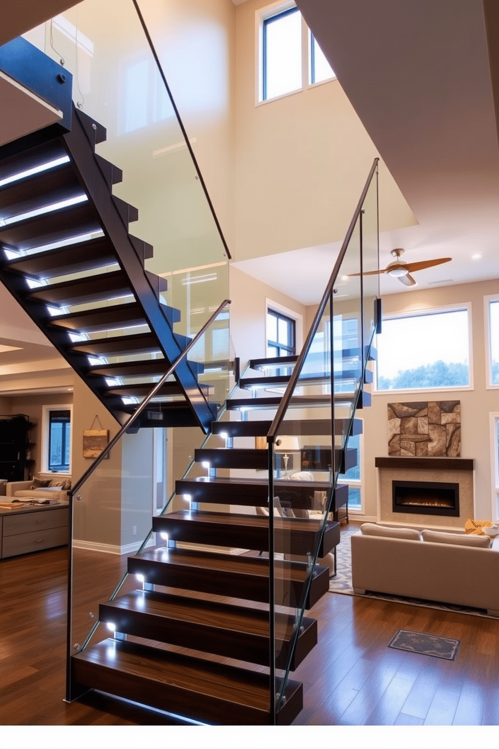 A stunning floating staircase gracefully ascends, illuminated by soft LED lighting that highlights its sleek design. The staircase features a combination of dark wood treads and glass risers, creating a modern yet inviting focal point in the family room. Surrounding the staircase, the family room is designed with an open concept, featuring plush seating and a contemporary fireplace. Large windows allow natural light to flood the space, enhancing the warm tones of the decor and the elegance of the staircase.