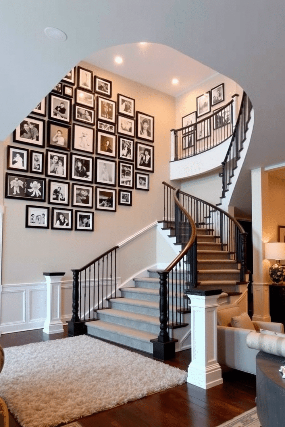 A grand staircase curves elegantly through the family room, adorned with a gallery wall showcasing a curated collection of framed artwork and family photos. The wall features a mix of black and white frames, creating a striking contrast against the soft beige walls of the room. At the base of the staircase, a plush area rug anchors the space, while warm recessed lighting highlights the artwork above. The family room is filled with cozy seating arrangements, inviting gatherings and conversations around the stunning staircase feature.