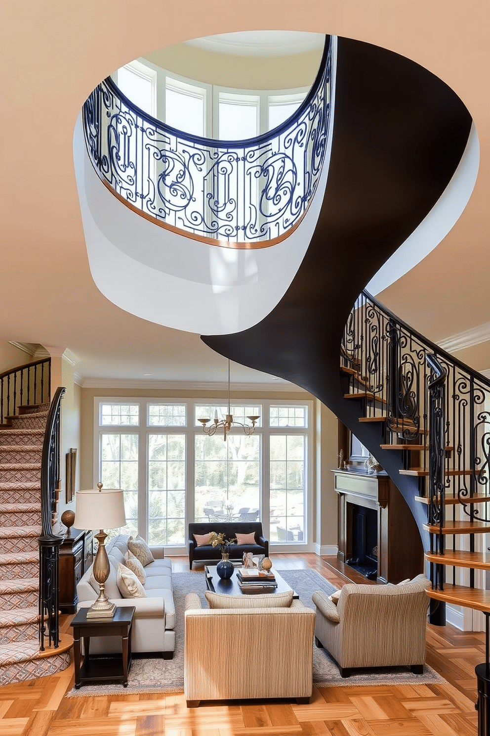 A stunning curved staircase gracefully ascends, featuring an intricately designed decorative railing that adds elegance to the space. The family room below is bathed in natural light, with plush seating arranged to create a cozy yet sophisticated gathering area, complemented by warm wood accents and soft textiles.