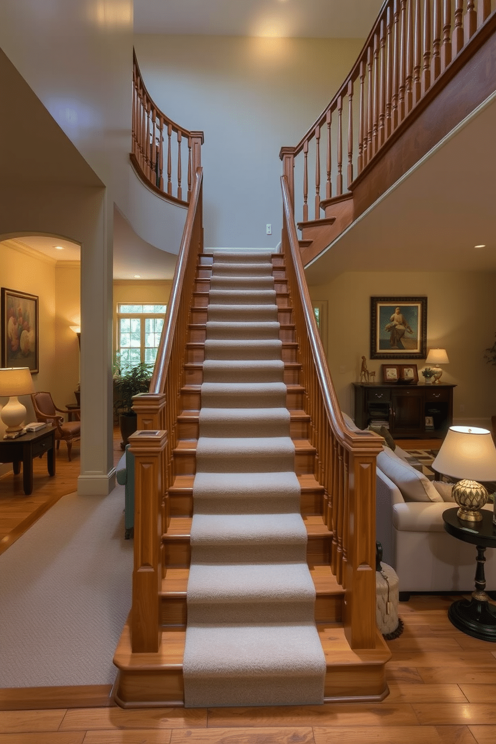 A stunning wooden staircase ascends gracefully, featuring a plush carpet runner that adds warmth and texture. The surrounding family room is designed with cozy seating arrangements, accentuated by soft lighting and elegant decor that complements the staircase's natural wood tones.