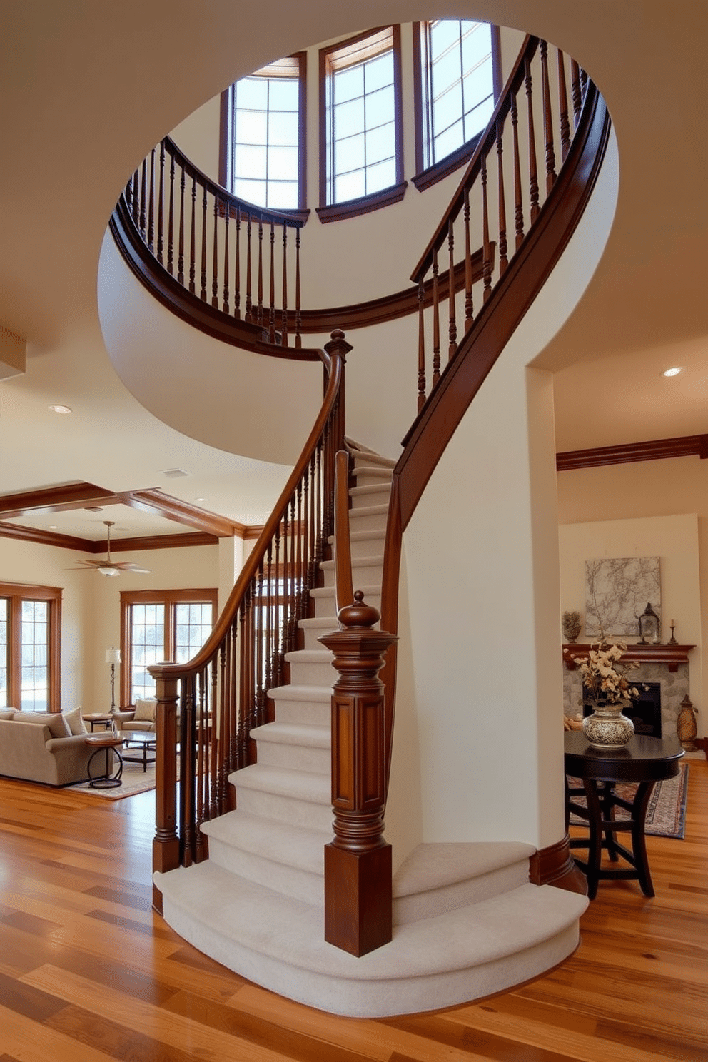 A stunning curved staircase with rich wooden accents gracefully ascends from the family room, creating a focal point that enhances the space's elegance. The staircase features intricately carved balusters and a polished handrail, harmonizing with the warm tones of the hardwood flooring below. In the family room, large windows allow natural light to flood the space, highlighting the staircase's beauty. The room is adorned with plush seating and a cozy fireplace, inviting family gatherings and creating a welcoming atmosphere.