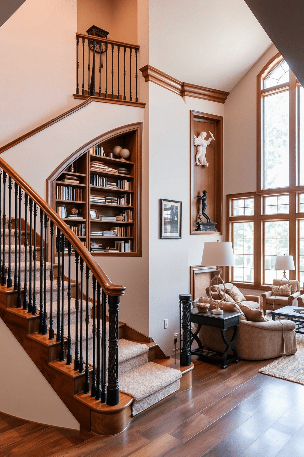 A grand staircase elegantly curves through the family room, featuring a built-in bookshelf nook nestled into the wall. The shelves are filled with an array of books and decorative items, framed by warm wood finishes that complement the inviting atmosphere of the space. The staircase is adorned with a plush runner that adds a touch of softness, while the family room showcases large windows that flood the area with natural light. Cozy seating arrangements are positioned nearby, creating a perfect spot for relaxation and conversation.