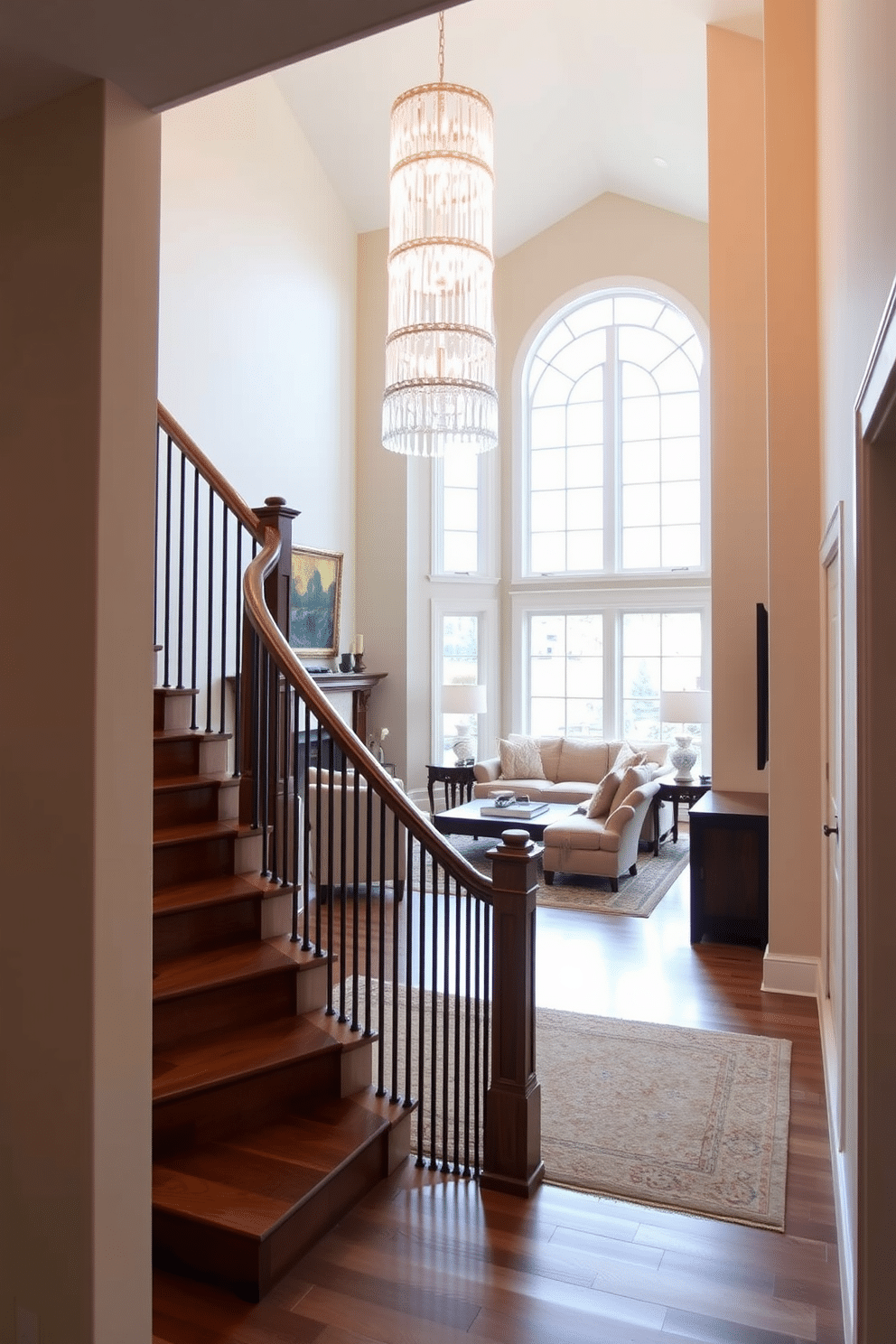 Elegant staircase with chandelier above. The staircase features a sleek wooden design with a polished railing, leading to an airy upper landing. A stunning crystal chandelier hangs gracefully above, casting a warm glow over the space. Staircase in Family Room Design Ideas. The family room showcases a cozy seating area adjacent to the staircase, with plush sofas and a coffee table that invite relaxation. Large windows allow natural light to flood in, enhancing the inviting atmosphere of the room.