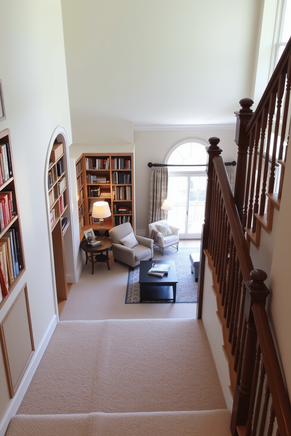 A cozy staircase leads up to a serene reading nook, featuring built-in bookshelves on either side filled with colorful novels. The nook is adorned with a plush armchair and a small side table, illuminated by a warm floor lamp, creating an inviting space for relaxation. In the family room, the staircase is designed with elegant wooden railings and soft, neutral carpeting that complements the room's decor. Large windows allow natural light to flood the space, highlighting the comfortable seating arrangement and a stylish coffee table at the center.