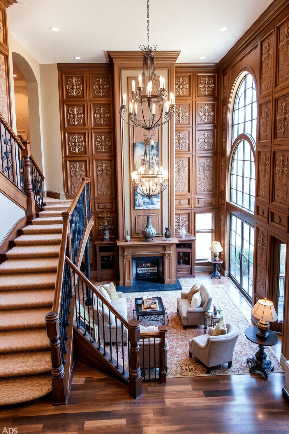 A grand staircase with intricate decorative wall paneling that enhances the elegance of the family room. The staircase features a rich wooden banister and is illuminated by a stunning chandelier overhead, creating a warm and inviting atmosphere. The family room is designed with plush seating arrangements, centered around a cozy fireplace. Large windows allow natural light to flood the space, highlighting the beautiful craftsmanship of the staircase and wall paneling.