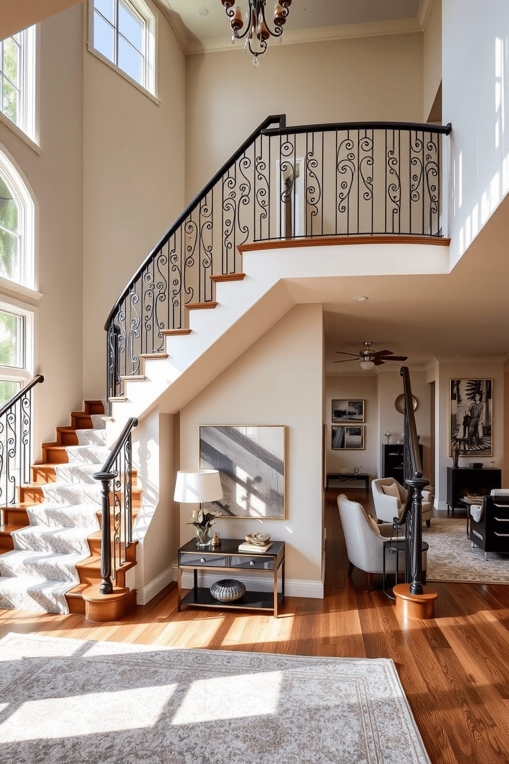 A grand multi-level staircase gracefully ascends with a spacious landing area that features a plush area rug and a stylish console table. The staircase is adorned with elegant wrought iron railings and rich wooden steps, illuminated by natural light streaming through large windows. In the family room, the staircase serves as a stunning focal point, seamlessly integrating with the room's modern decor. Cozy seating arrangements and contemporary artwork on the walls create a warm and inviting atmosphere, enhancing the overall design.