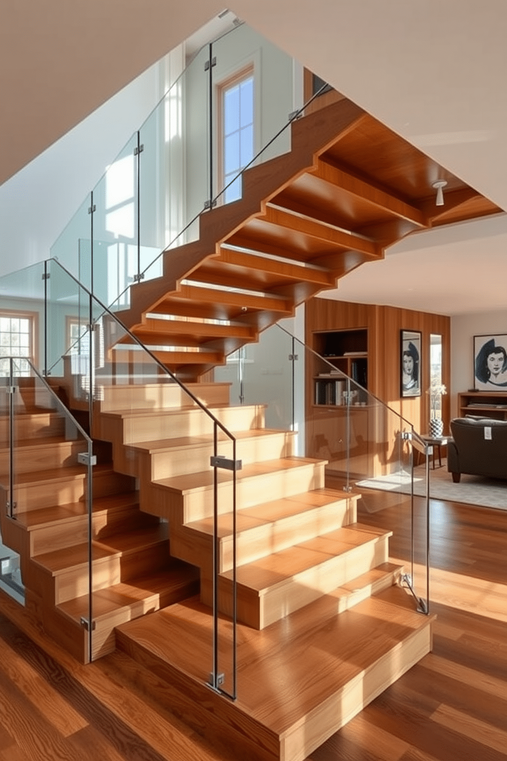 A stunning staircase with a unique geometric design, featuring interlocking steps that create a striking visual effect. The staircase is surrounded by glass railings that enhance the sense of openness and light in the family room. In the family room, the staircase serves as a focal point, seamlessly integrating modern aesthetics with functionality. Warm wooden tones contrast with the sleek lines of the geometric design, creating a cozy yet contemporary atmosphere.