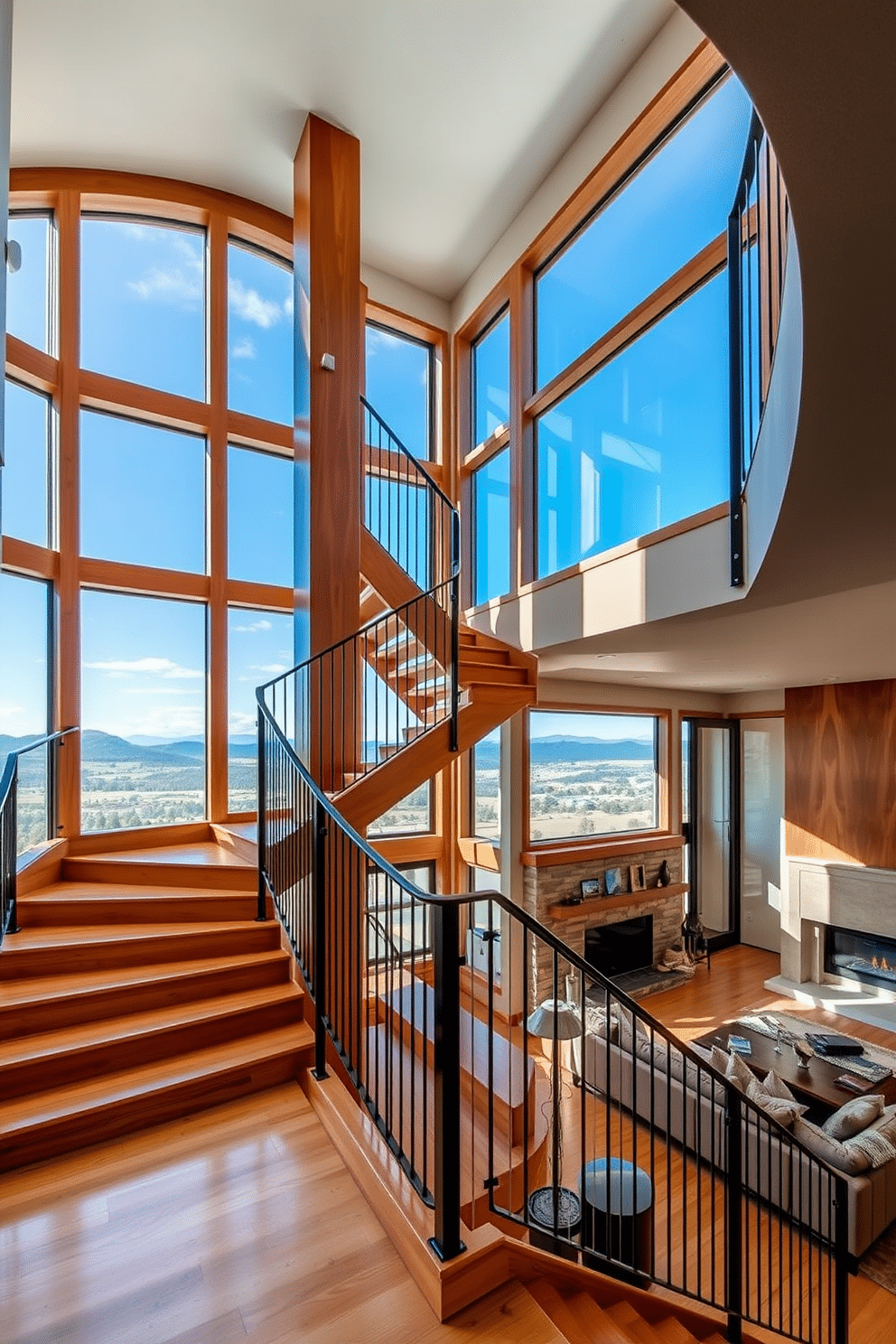 A grand staircase ascends gracefully, flanked by a panoramic window that offers breathtaking views of the surrounding landscape. The warm wood of the staircase contrasts beautifully with the sleek metal railing, creating a harmonious blend of modern and classic design. In the family room, the staircase serves as a focal point, seamlessly integrating into the open layout. Plush seating arrangements and a cozy fireplace enhance the inviting atmosphere, making it the perfect space for family gatherings.