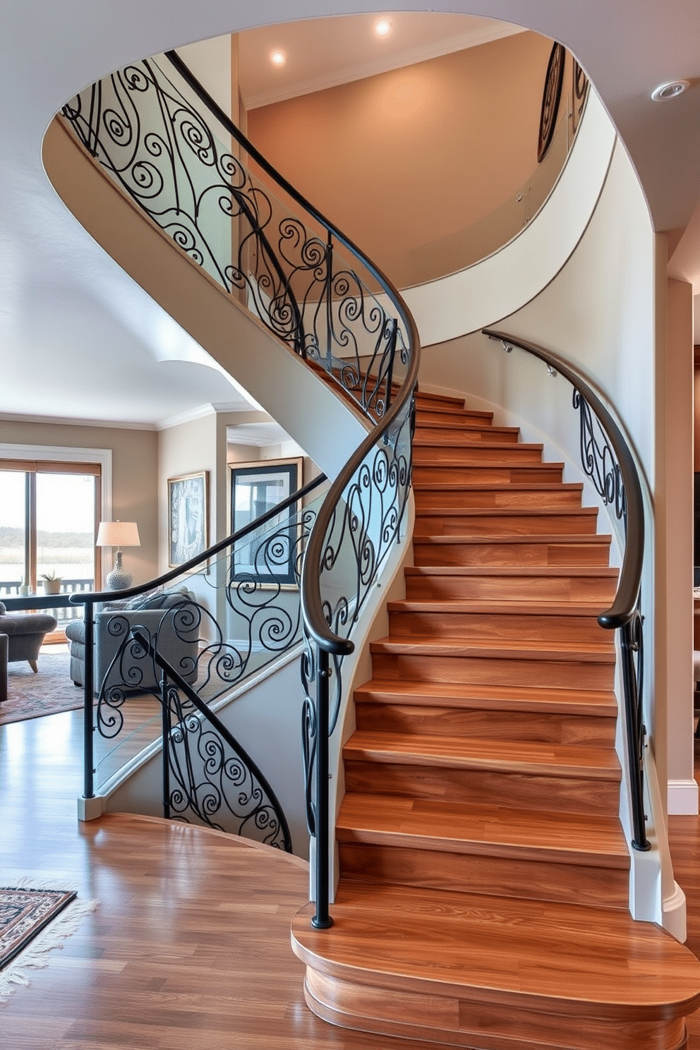 Artistic staircase with sculptural elements. The staircase features flowing curves and intricate metal railings, creating a focal point in the room. Staircase in Family Room Design Ideas. The staircase is designed with warm wooden treads and a glass balustrade, seamlessly blending modern aesthetics with the cozy family room ambiance.