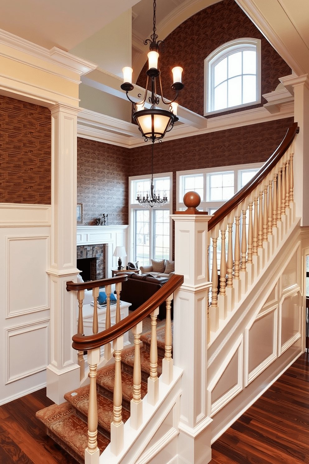 A traditional staircase with classic moldings features elegant wooden balusters and a polished handrail that curves gracefully. The walls are adorned with rich, textured wallpaper, and a beautiful chandelier hangs above, illuminating the space with a warm glow. In the family room, the staircase is complemented by a cozy seating area that includes plush sofas and a coffee table. Large windows allow natural light to flood the room, highlighting the intricate details of the moldings and the inviting atmosphere.