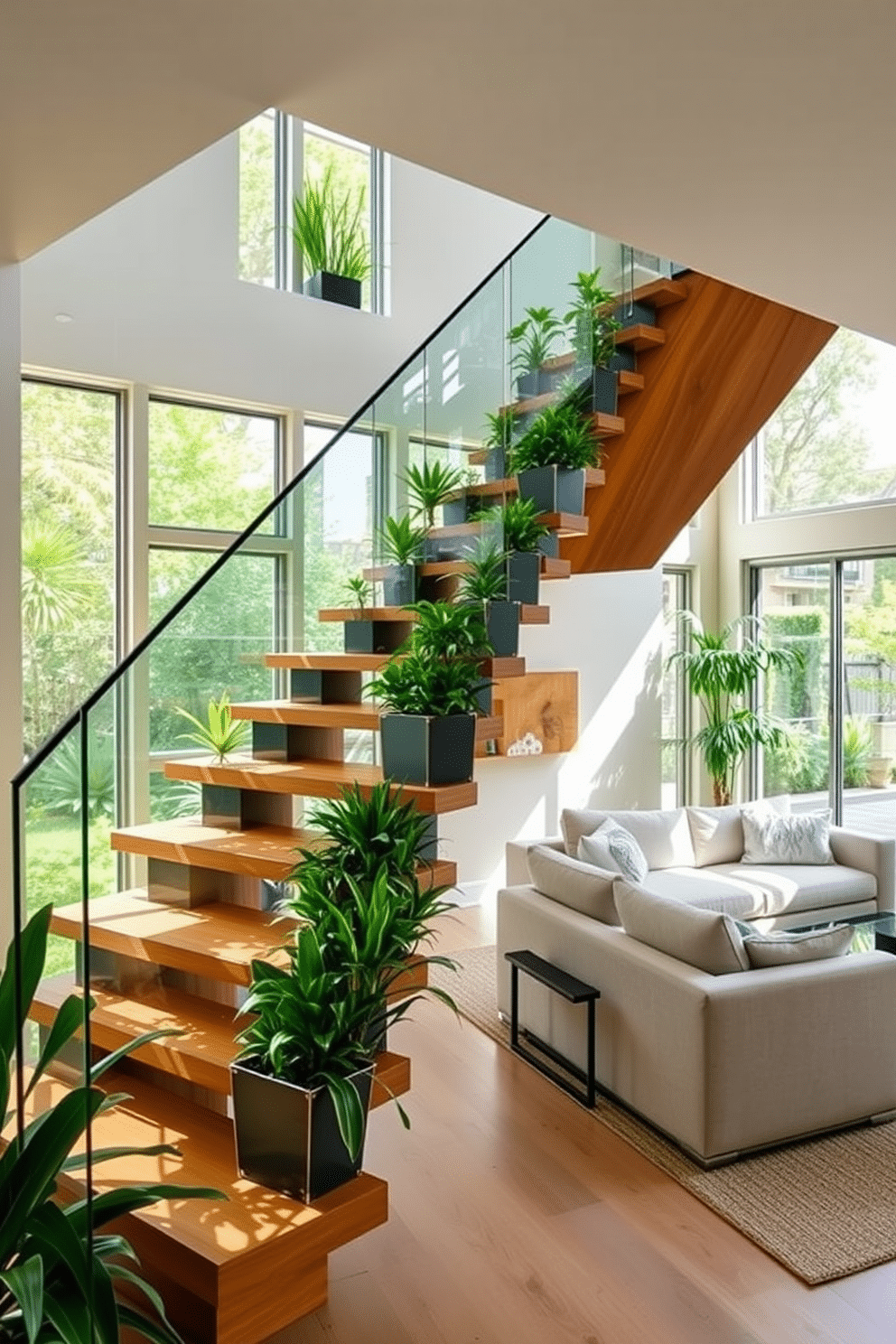 A striking staircase seamlessly integrates planters filled with lush greenery, creating a vibrant focal point in the family room. The wooden steps are complemented by a sleek glass railing, allowing natural light to illuminate the space and enhance the overall ambiance. The family room features a cozy seating area with plush sofas arranged around a modern coffee table, inviting relaxation and conversation. Large windows frame the staircase, providing a view of the integrated planters and connecting the indoor space with the outdoor environment.