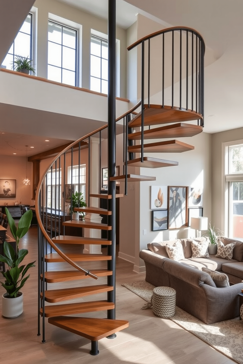 A stunning spiral staircase gracefully ascends through an open concept area, featuring a sleek metal railing and wooden treads that complement the surrounding decor. The space is filled with natural light from large windows, highlighting the staircase as a focal point of the room. In the family room, the staircase is designed to seamlessly blend with the cozy atmosphere, adorned with decorative plants and artwork along the walls. Plush seating arrangements and a warm color palette create an inviting environment that enhances the overall design.