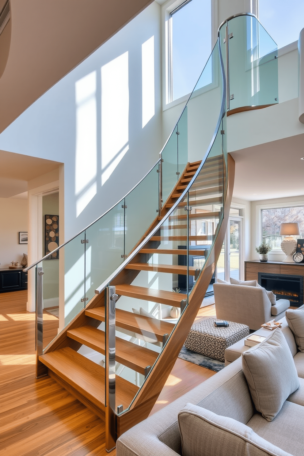 A modern staircase with sleek glass railings and stainless steel accents elegantly curves through the family room, creating a striking focal point. The steps are crafted from rich hardwood, seamlessly blending warmth with contemporary design elements. Natural light floods the space, highlighting the interplay between the staircase and the surrounding decor. Plush seating arrangements in the family room complement the staircase, enhancing the overall inviting atmosphere.