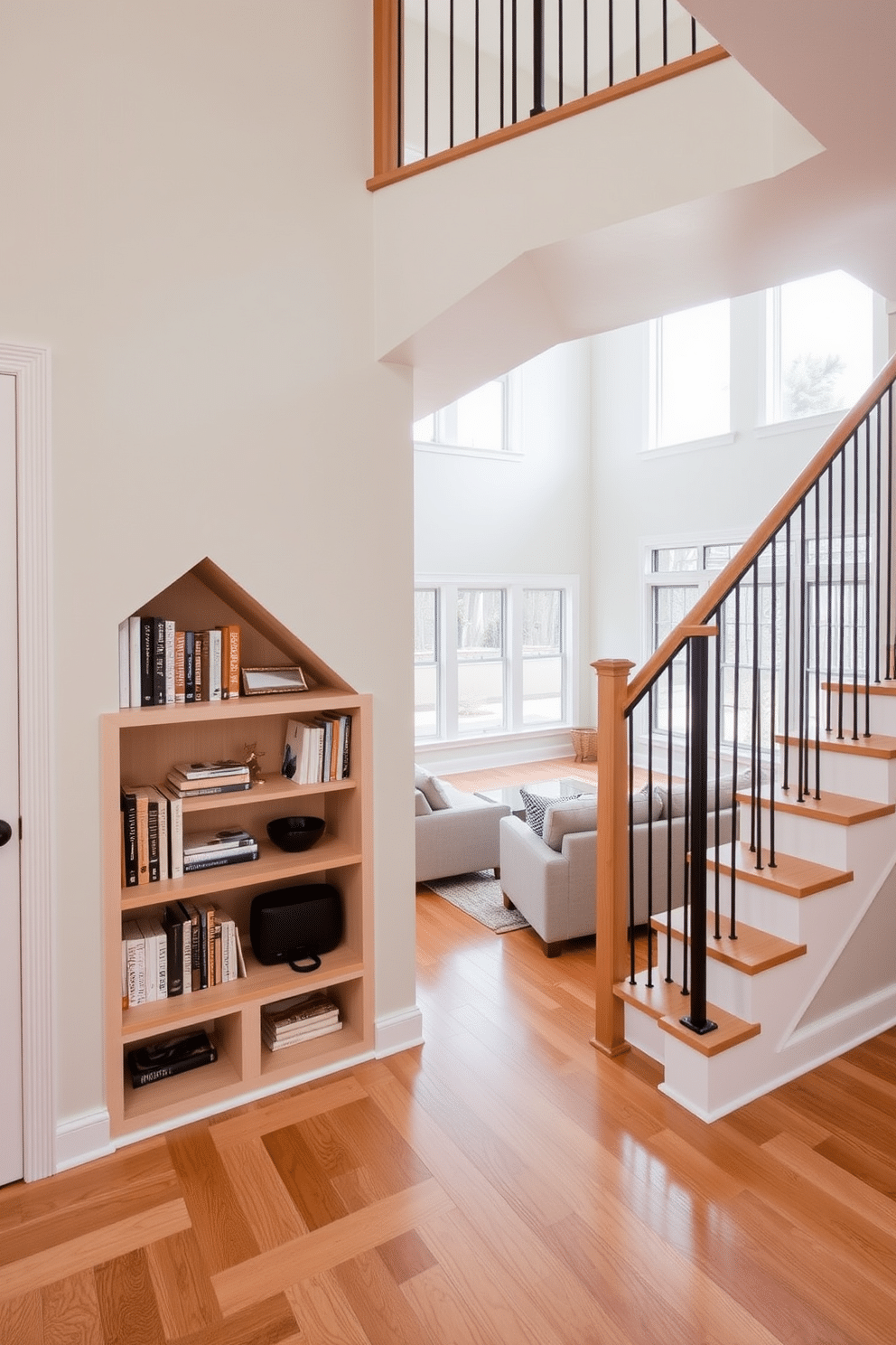 Under-stair storage with built-in shelves features a seamless integration of functionality and style. The shelves are crafted from light wood, showcasing neatly organized books and decorative items, while the surrounding area is painted in a soft white for a clean, modern look. The staircase in the family room is designed with open risers and a sleek metal railing, creating an airy feel. Natural light floods the space through large windows, highlighting the warm tones of the hardwood flooring and inviting a cozy atmosphere.