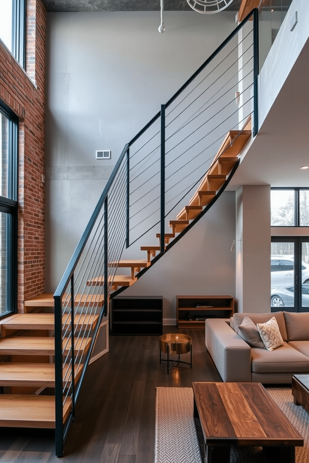 An industrial-style staircase features sleek metal railings and exposed wooden steps, creating a striking focal point in the family room. The walls are adorned with a mix of brick and concrete, enhancing the urban aesthetic while large windows allow natural light to flood the space. In the family room, the staircase is complemented by minimalist furniture, including a plush sectional sofa and a reclaimed wood coffee table. Accent lighting highlights the staircase design, adding warmth and character to the overall ambiance.