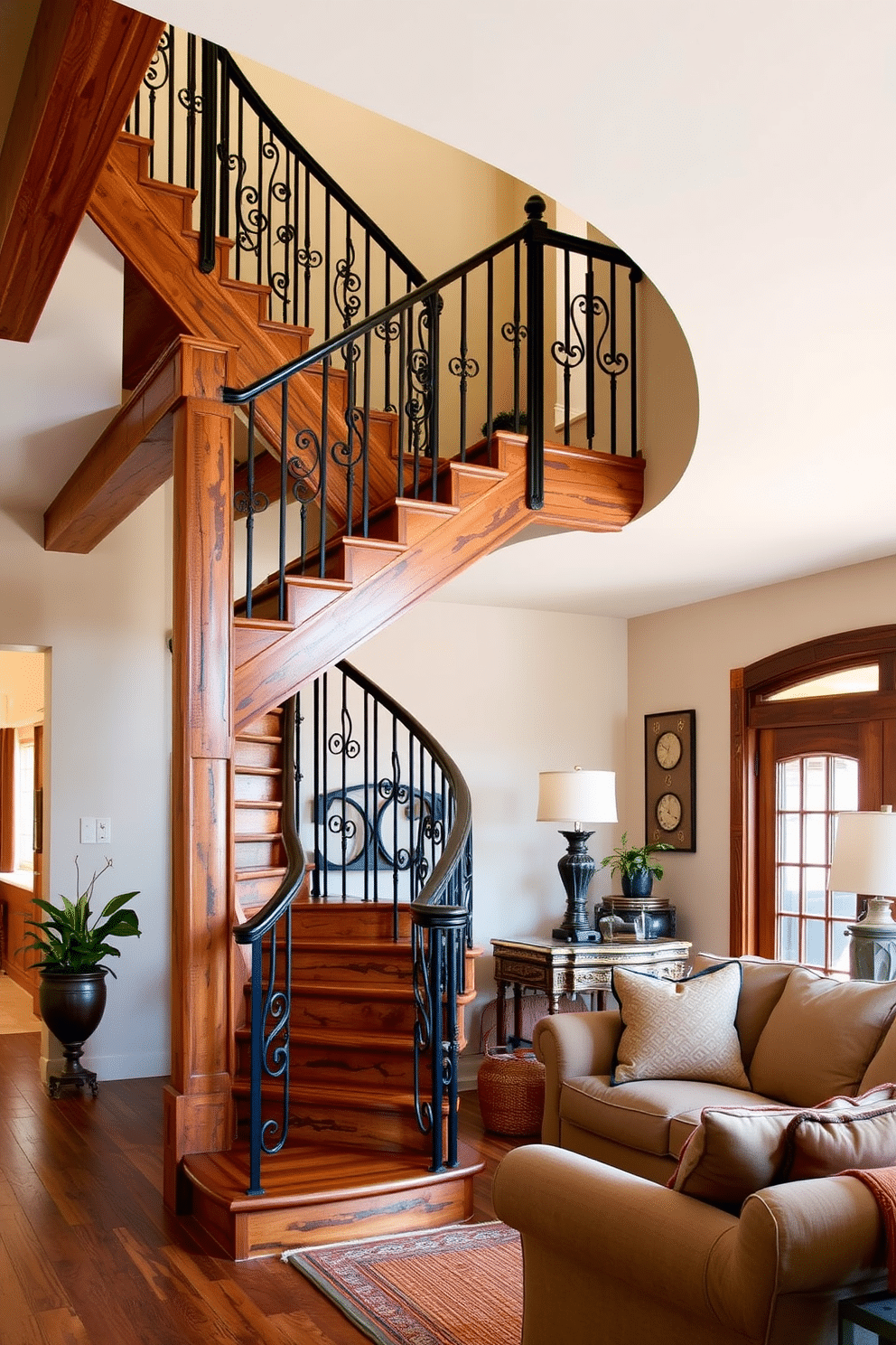 A rustic wooden staircase with wrought iron railings gracefully ascends in the family room, creating a warm and inviting focal point. The rich tones of the wood contrast beautifully with the intricate black ironwork, enhancing the room's cozy ambiance. Surrounding the staircase, the family room features plush furniture in earthy colors, complemented by soft lighting that highlights the staircase's craftsmanship. Natural elements like potted plants and woven textures add to the rustic charm, making the space feel both elegant and homey.