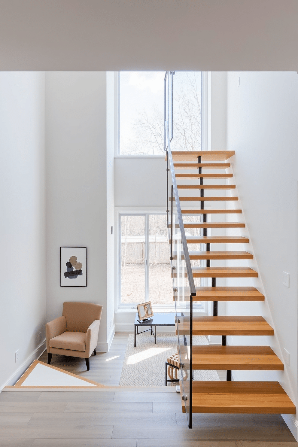 A modern staircase with a minimalist design features sleek, floating treads made of light wood, supported by a discreet metal frame. The surrounding walls are painted in a crisp white, enhancing the airy feel, while a large window allows natural light to flood the space. In the family room, the staircase seamlessly integrates with the open layout, showcasing a stylish railing made of tempered glass. Below the staircase, a cozy reading nook is created with a plush armchair and a small side table, inviting relaxation in this contemporary setting.