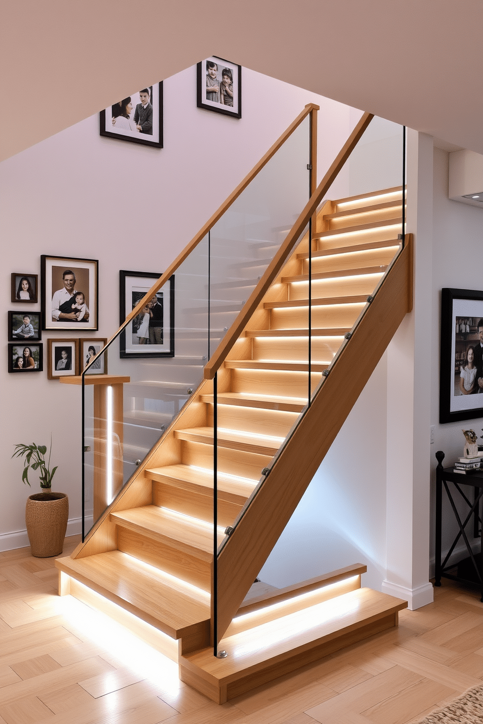 A stunning staircase seamlessly integrates modern lighting features, with LED strips subtly illuminated along the handrail and beneath each step. The surrounding walls are adorned with family photos, creating a warm and inviting atmosphere in the family room. The staircase design incorporates a sleek glass balustrade that enhances the open feel of the space. Soft, ambient lighting highlights the natural wood finish of the stairs, making it a focal point of the family room.