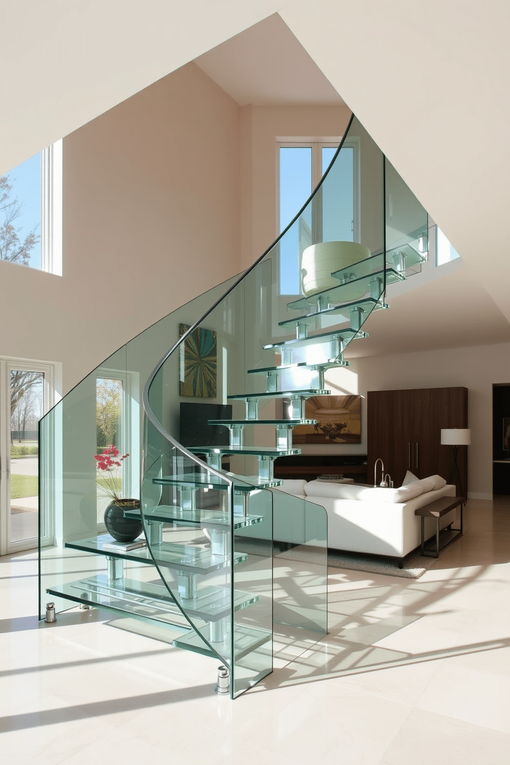 A stunning glass staircase elegantly curves through the family room, creating an open and airy feel. The sleek design features a minimalist railing that complements the modern aesthetic of the space. The family room is adorned with contemporary furniture, including a plush sectional sofa and a stylish coffee table. Large windows allow natural light to flood the room, enhancing the beauty of the glass staircase as a focal point.