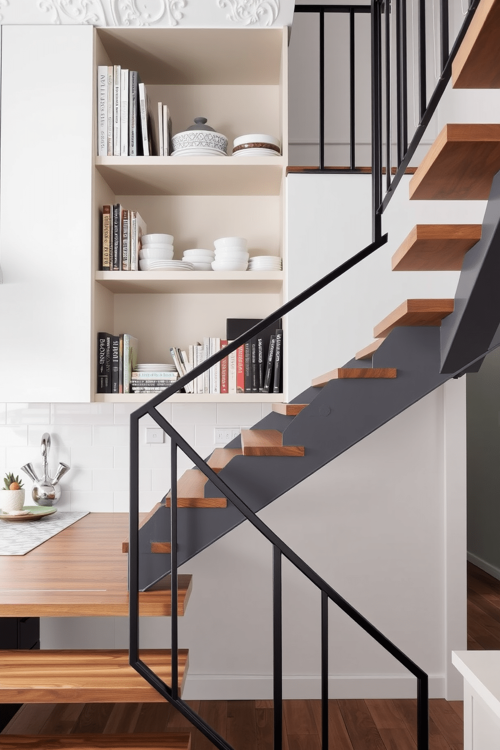 A modern kitchen featuring open shelving beneath the staircase, showcasing neatly organized dishes and cookbooks. The staircase itself is elegantly designed with wooden steps and a sleek metal railing, blending seamlessly with the overall kitchen decor.