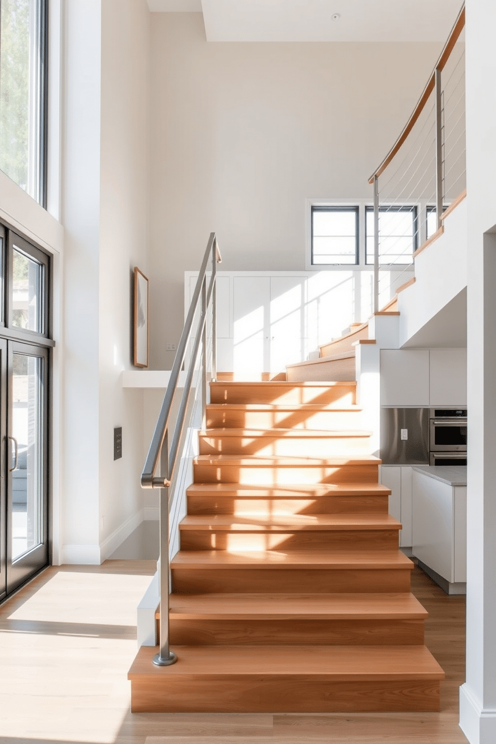 A minimalist staircase featuring sleek metal handrails ascends gracefully, showcasing clean lines and an open design that enhances the sense of space. The staircase is illuminated by natural light streaming through large windows, highlighting the smooth wooden steps and the contemporary aesthetic of the surrounding kitchen. In the kitchen, the staircase seamlessly integrates with a modern layout, where minimalist cabinetry and a spacious island create a functional yet stylish environment. The color palette consists of soft whites and grays, complemented by stainless steel appliances that add a touch of sophistication.