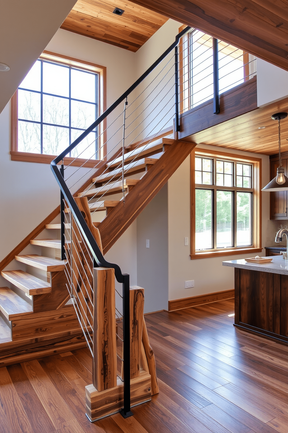 A stunning staircase featuring reclaimed wood elements, showcasing the natural grain and texture of the wood. The design incorporates a sleek metal railing that complements the rustic charm, creating a harmonious blend of modern and traditional styles. In a kitchen design, the staircase is seamlessly integrated, with wooden treads that match the cabinetry. Large windows nearby allow natural light to flood the space, highlighting the warmth of the reclaimed wood and enhancing the overall ambiance.