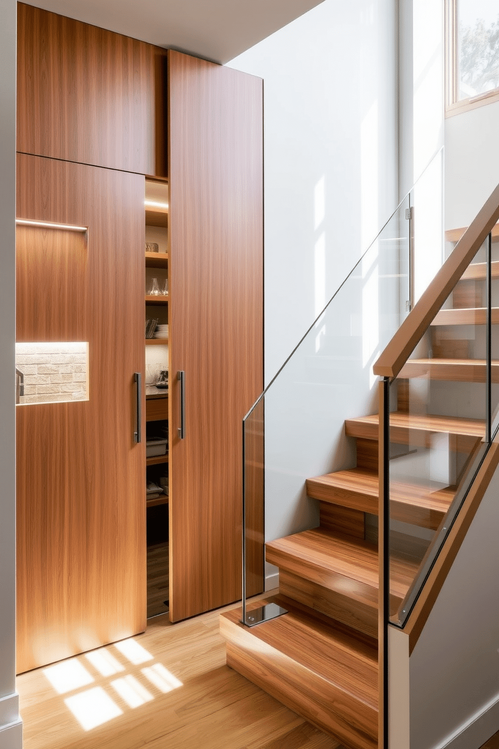 A cozy under-stair pantry features sleek sliding doors that seamlessly blend with the surrounding wall. Inside, custom shelving organizes pantry essentials, while soft LED lighting illuminates the space for easy access. The staircase leading into the kitchen showcases a modern design with open risers and a glass railing. Natural light floods the area, enhancing the warm wood tones of the staircase and complementing the contemporary kitchen finishes.