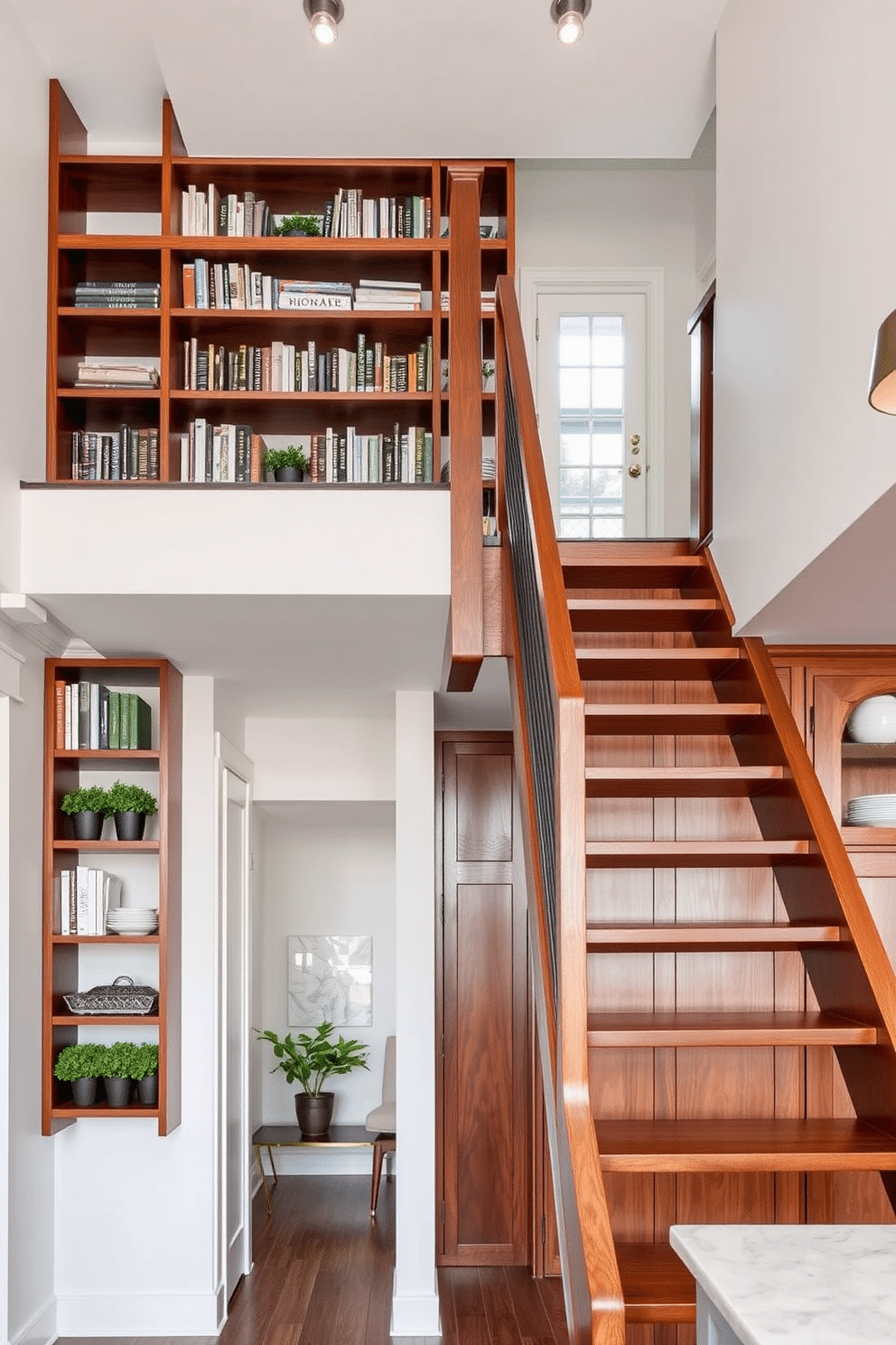 A stunning ladder-style staircase leads to the upper level, featuring open shelving that showcases an array of books and decorative items. The staircase is crafted from rich hardwood, contrasting beautifully with the light-colored walls and modern lighting fixtures that highlight its design. In the kitchen, the staircase seamlessly integrates into the overall aesthetic, creating a functional yet stylish focal point. The open shelving is adorned with potted herbs and elegant dishware, enhancing the kitchen's inviting atmosphere.