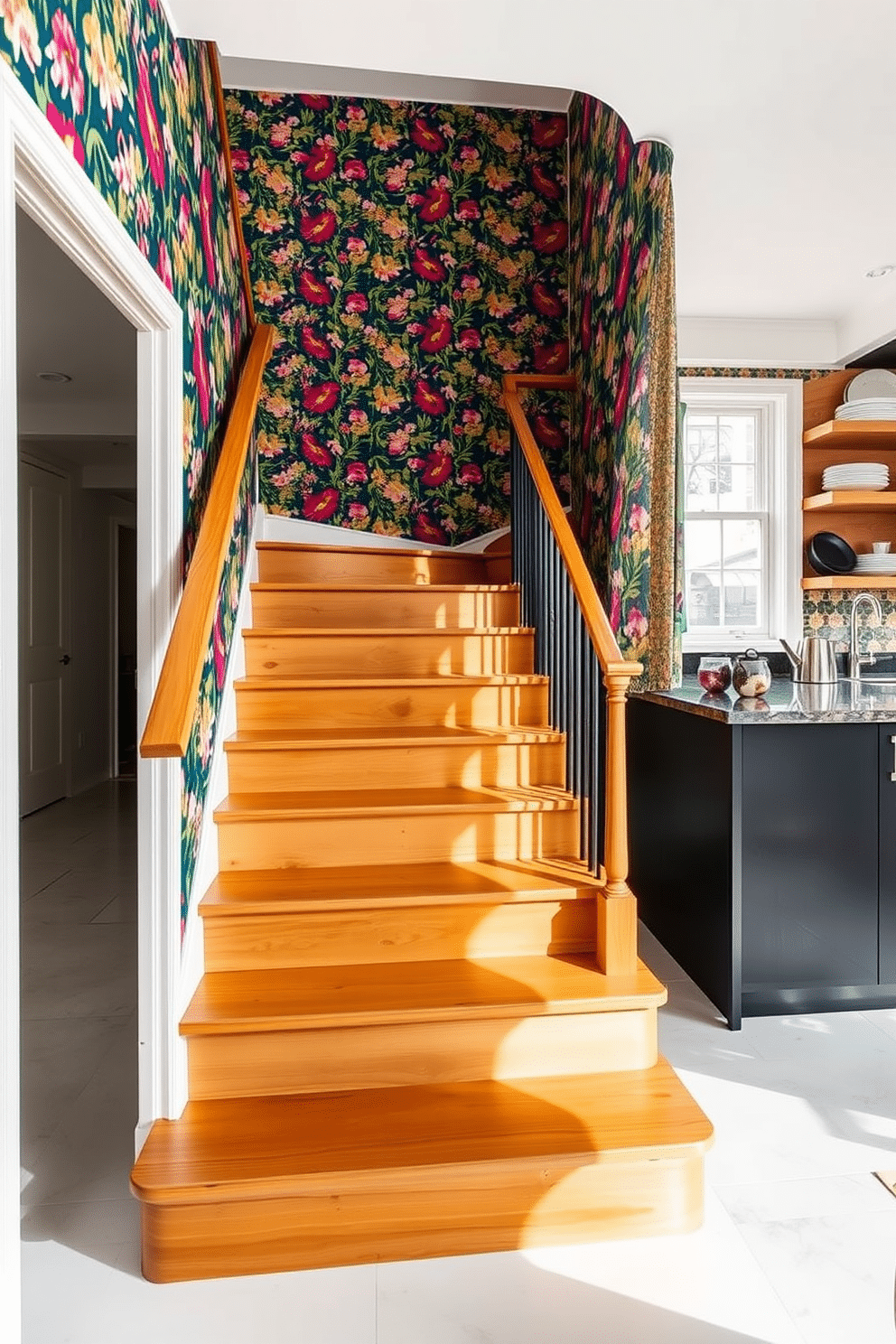 A stunning staircase wrapped in vibrant wallpaper, featuring a bold floral pattern that brings life to the space. The steps are elegantly designed with a sleek wooden finish, creating a striking contrast against the colorful backdrop. In a modern kitchen design, the staircase seamlessly integrates with the overall aesthetic, showcasing open shelving adorned with decorative dishware. Natural light floods the area, highlighting the unique blend of textures and colors that enhance the inviting atmosphere.